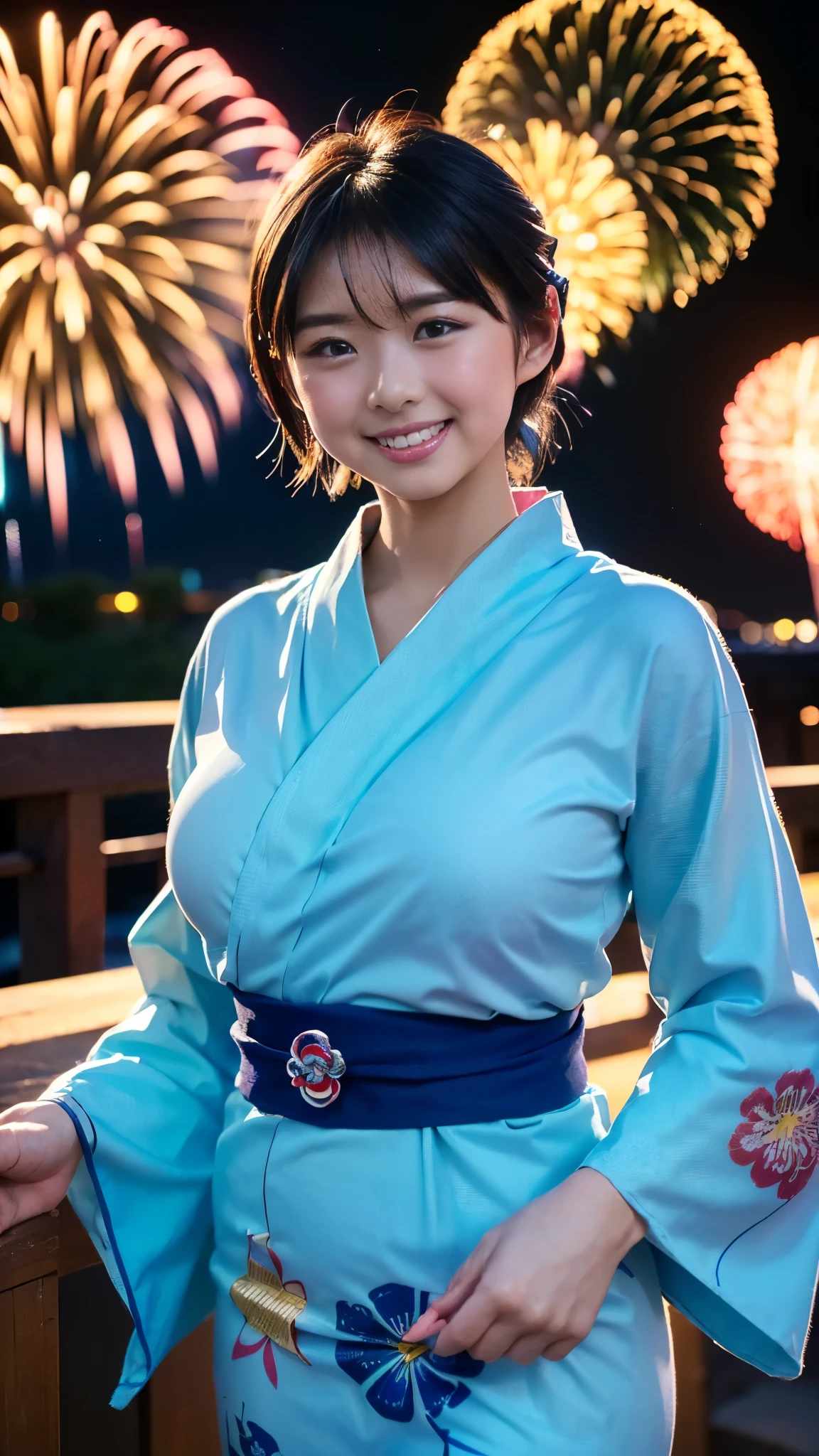 (masterpiece、high resolution、high quality)、Japanese beautiful girl:1.3,Two Girls、12-year-old elementary school student、Immature body、Beautiful body、Japanese Yukata、Soaring、night、Laughter、Clear Eyes、、Beautiful Skin、Light blue kimono、Sunny clothes、Long-sleeved kimono、Japanese style pale pink floral pattern:1.2、Her breasts are exposed from her kimono , Black-haired , Japanese style hair ornaments、Very small breasts、Small breasts、Small cherry-colored areola、Beautiful erect nipples、Small butt、Shaved、Cool Summer、nightの夏祭り、Fireworks display、Professional Photography