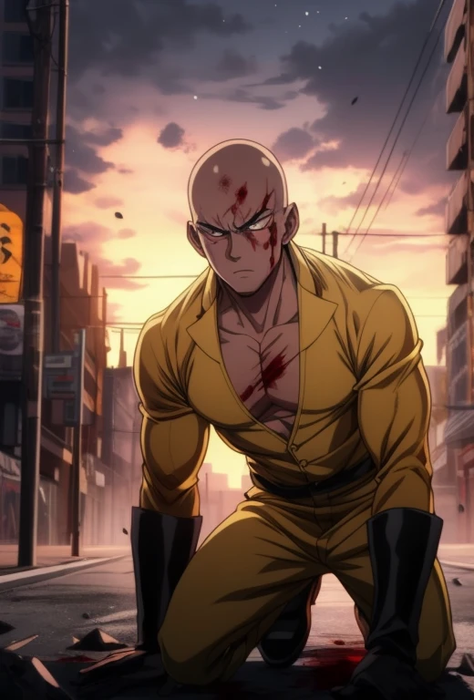 A highly detailed anime-style illustration of a powerful male hero with a shaved head, dressed in a torn, yellow bodysuit that reveals his muscular physique. His red gloves and boots are scuffed, and fresh blood trickles down his bruised face, adding intensity to his expression. He kneels on a cracked city street under the full moon, his hands pressed into the ground as he breathes heavily, portraying exhaustion and despair. A vibrant yellow aura surrounds him, emanating godly strength and casting a soft glow onto his surroundings. His black eyes shimmer with defiance, glowing faintly with despair and resilience. The cinematic lighting creates dramatic contrasts, highlighting his textured skin and the rugged details of his worn uniform. The cityscape behind him is bathed in deep shadows and faint reflections of moonlight. UHD, ray tracing, and anime minimalism emphasize the sharp lines and textures, with high-definition realism down to each scar and blood droplet.