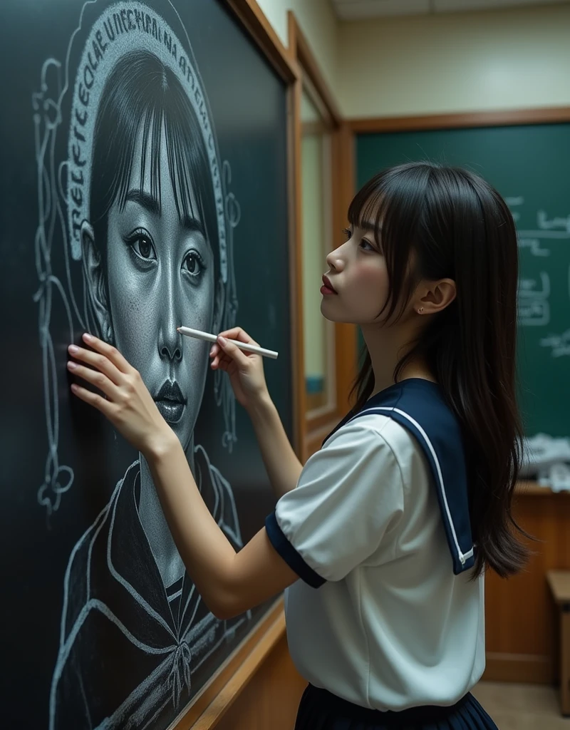 ultra-realistic, photorealistic, dramatic scene, shadow, global-illumination, solo, (20 years old Japanese famous idol girl:1.5), very beautiful fragile Japanese girl, very beautiful with very cute but boyish cool face, she is Japanese high school student, wearing Japanese high school sailor uniform, at high school classroom, She draws very realistic self-portraits on a large blackboard using only chalk