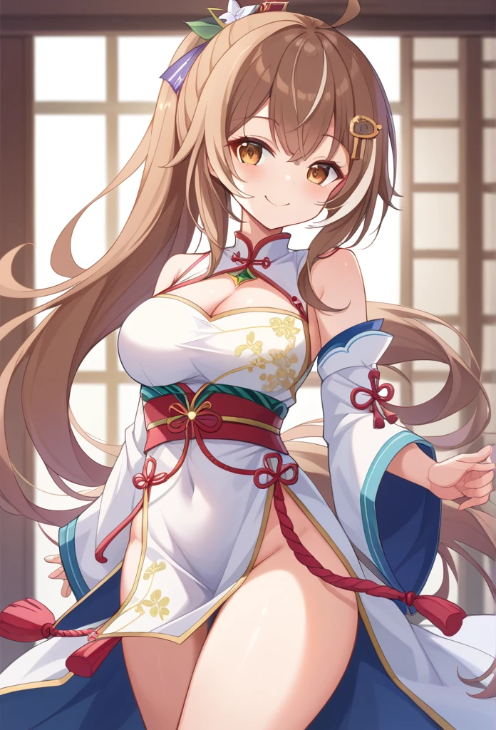 1 Girl、 virtual YouTuber、hololive、Seven Poems、Brown Hair、Long Hair、Hair accessories、超Long Hair、 Brown Eyes 、breast、茶色羽のHair accessories、ahoge、Striped Hair、Multicolored Hair、 ponytail、hairpin、cleavage、Mid-chest、 Chinese clothes、 sexy、smile、lure、Chirarizum、whole body、 Beautiful Girl、 standing