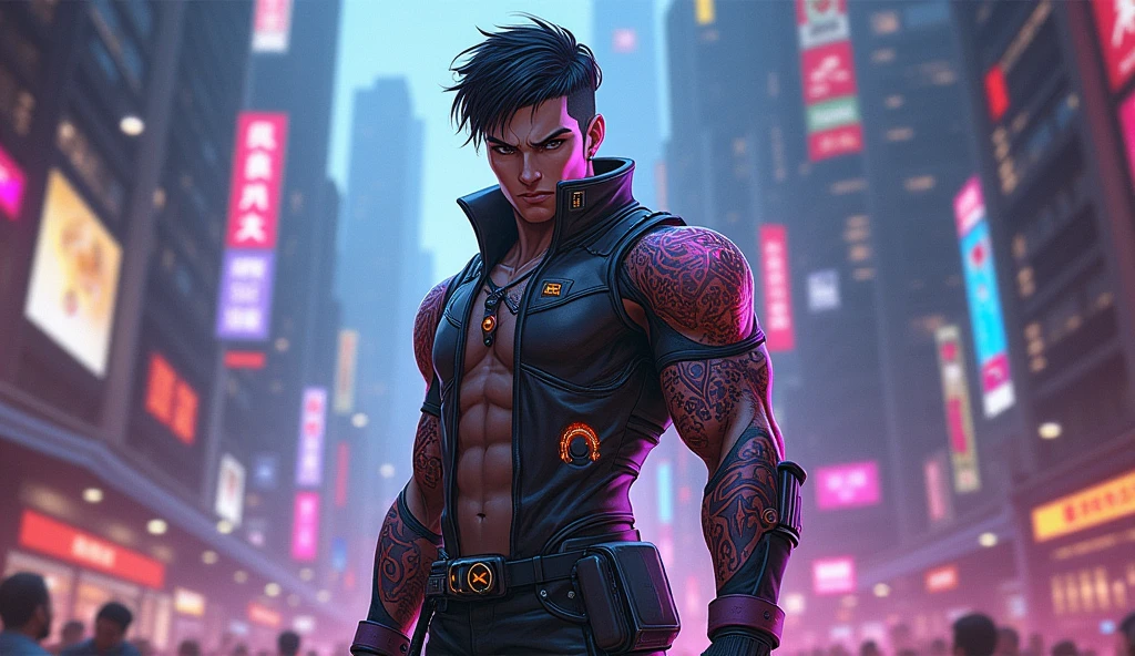 Cowboy Shot,beautiful and detailed illustration,pop art,masterpiece, best quality, ultra-detailed,soft lighting,1 male, adult, handsome, tall muscular guy, broad shoulders, dark skin, white hair, very short hair, undercut, grunge, Cyberpunk, serious expression, big arms, dark, bareback, pectorals, abs, arm tattoo, night city, neon sign, back alley, looking ahead,,glossy eyes,cinematic shot,vibrant colors,gorgeous colors,dynamic action pose, <lora:GoodHands-beta2:1>, <lora:more_details:0.3>