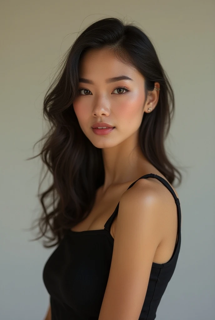 Create a (( mid-shot )) photorealistic image of a beautiful Asian woman with fair, smooth, flawless skin. She has large, round, sparkling eyes with naturally long and curled eyelashes, and well-defined, dark eyebrows. Her nose is straight and high, and her naturally pink, soft lips form a gentle smile. She has short, slightly curled brown hair that highlights her delicate facial features. Her face is oval-shaped, with a wide and high forehead, moderately high cheekbones, and a pointed, slender chin. She is wearing a black lingerie that complements her elegant and feminine appearance. (( waist to top))