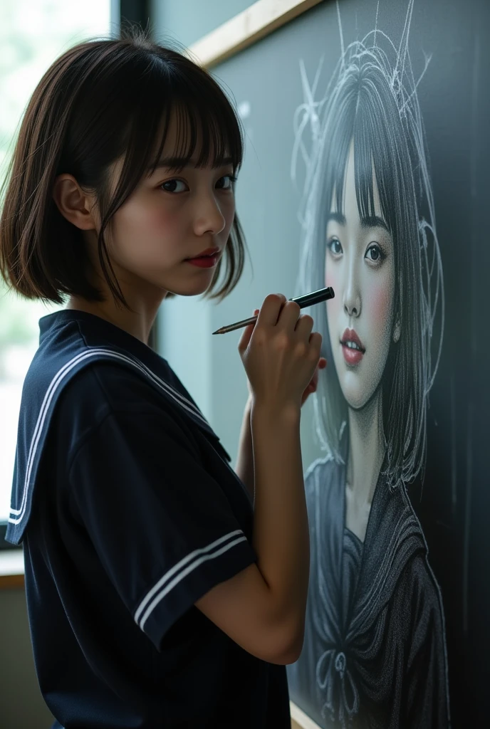 ultra-realistic, photorealistic, dramatic scene, shadow, global-illumination, solo, (20 years old Japanese famous idol girl:1.5), very beautiful fragile Japanese girl, very beautiful with very cute but boyish cool face, she is Japanese high school student, wearing Japanese high school sailor uniform, at high school classroom, She draws very realistic self-portraits on a large blackboard using only chalk