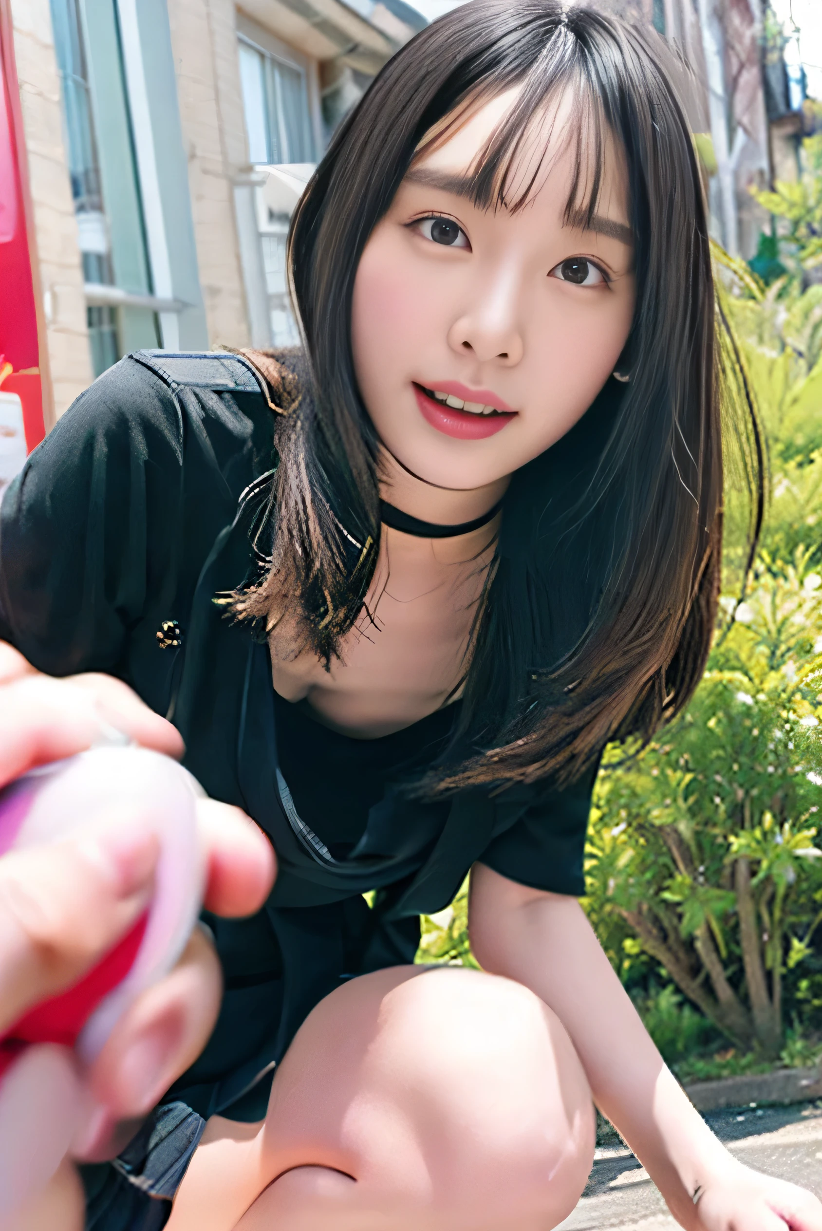 (nsfw:-2), realistic, photo-realistic, masterpiece, best quality, high resolution, extremely detailed, intricate details, realistic and sharp details, cinematic lighting, portrait, lower angle, looking at viewer, solo, 1girl, a Japanese woman, leaning forward, gigantic breasts, wearing a loose t-shirt and miniskirt, down blouse, braless, sandals, dark hair, bowl cut hair, , cute face, detailed face, beautiful detailed eyes, sophisticated nose, beautiful pupils, pale skin, choker, jewelry, (remote_play, remote_vibrating, remote_controller, half open mouth, ahegao:1.2), photo background, outdoors, the way to home, in the alley, daytime, 