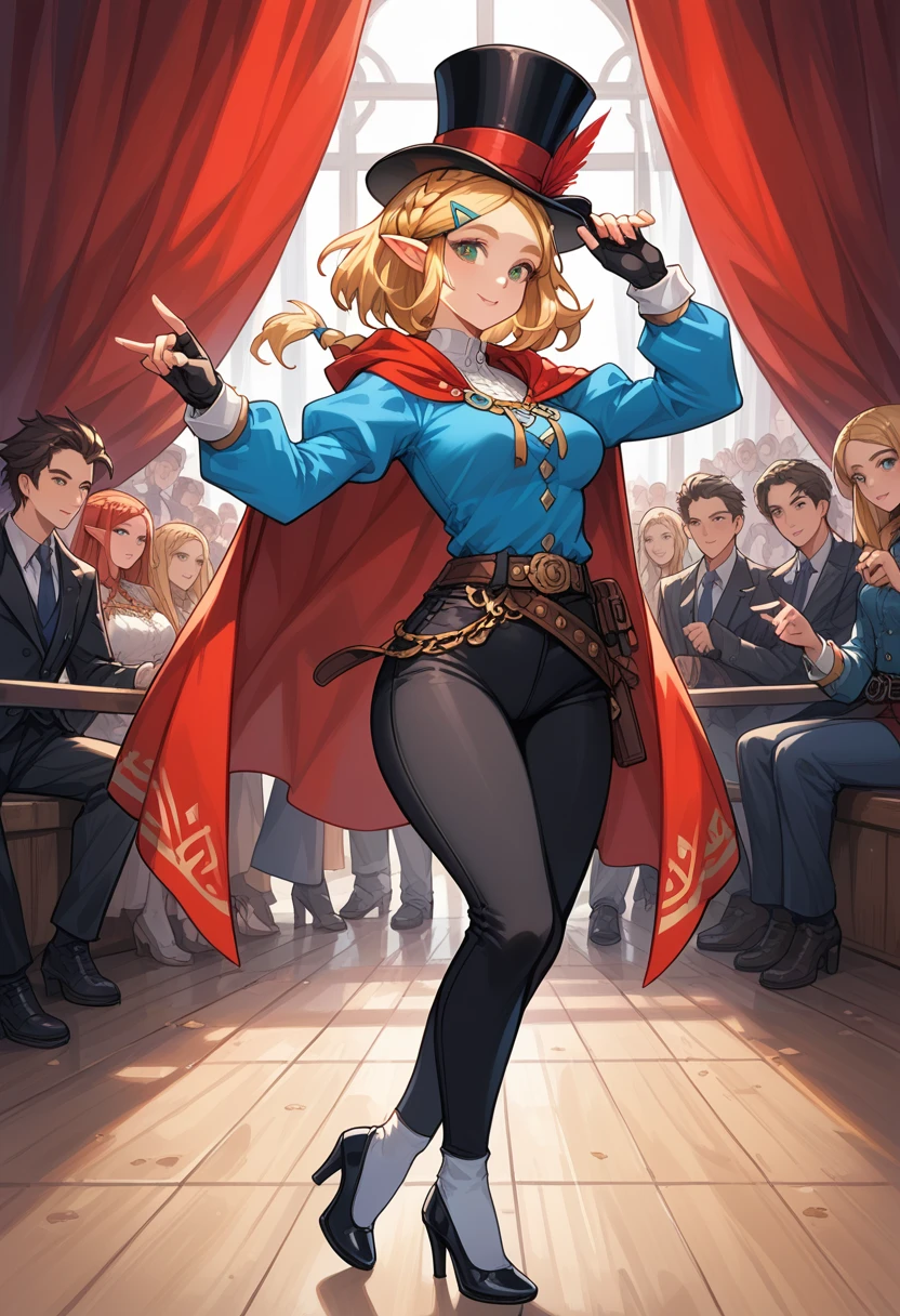 (extremely fine and beautiful:1.1), (perfect details:1.1), (finely detailed eyes and detailed face:1.3), ZeldaSDXL, Princess Zelda, narrow hips, medium breasts, slender thighs, small ears, pointy ears, braid, hair ornament, hairclip, gloves, black gloves, fingerless gloves, blue shirt, shirt, long sleeves, crown braid, bangs, green eyes, parted bangs, pants, black pants, blonde hair, short hair, long hair, cape, sidelocks, hood, thick eyebrows, jewelry, hooded cape, belt, tight pants, tight, puffy sleeves, ( lost path), black Mary Jane tap heels, with white socks, while tap dancing on stage, black top hat on her head, black cane to tap dance with on her hands, camal toe on her pants, full body, no crowd audience, a stage with red curtains and wood board