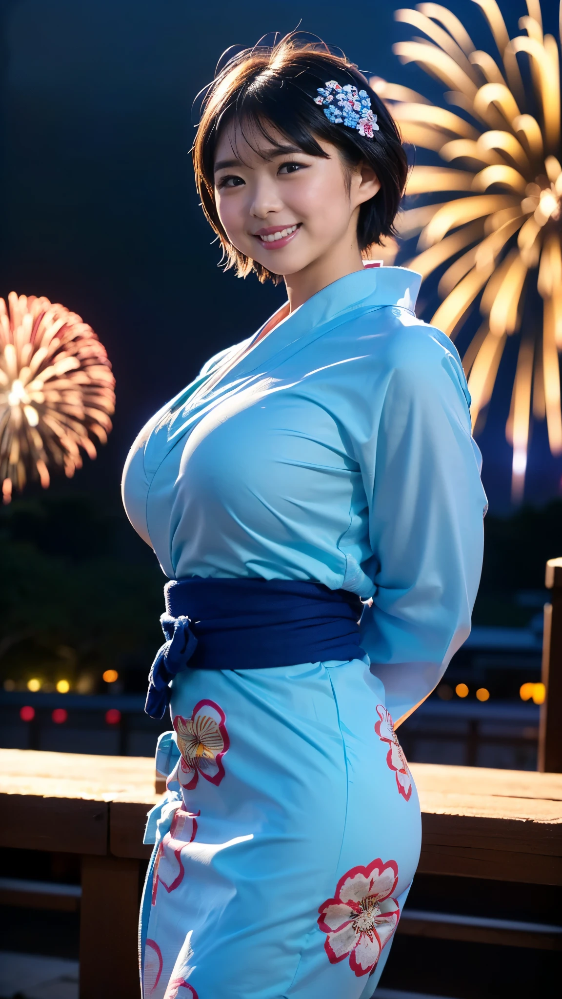 masterpiece, 最high quality, 超high quality, high quality, Realistic, photo Realistic, Warm lighting,Natural light,Cinema Lighting,RAW Photos, Super detailed, Intricately detailed, Perfect ???????, Fujifilm XT3,(Cowboy Shot),1 female, Beautiful Japanese Women,Baby Face,(With a very short brown bob cut、Hair growing over one eye,The front of her yukata is open, exposing her cleavage.
((Wearing a floral yukata, heart)),(Large Breasts:1.2),(Slender body:1.2),Sweaty, Mouth closed, Sunburn,tan line,smile,Brown eyes,View your viewers,(garden),(night),((firework)), (Medium Shot),Head to knee shot,Are standing,
