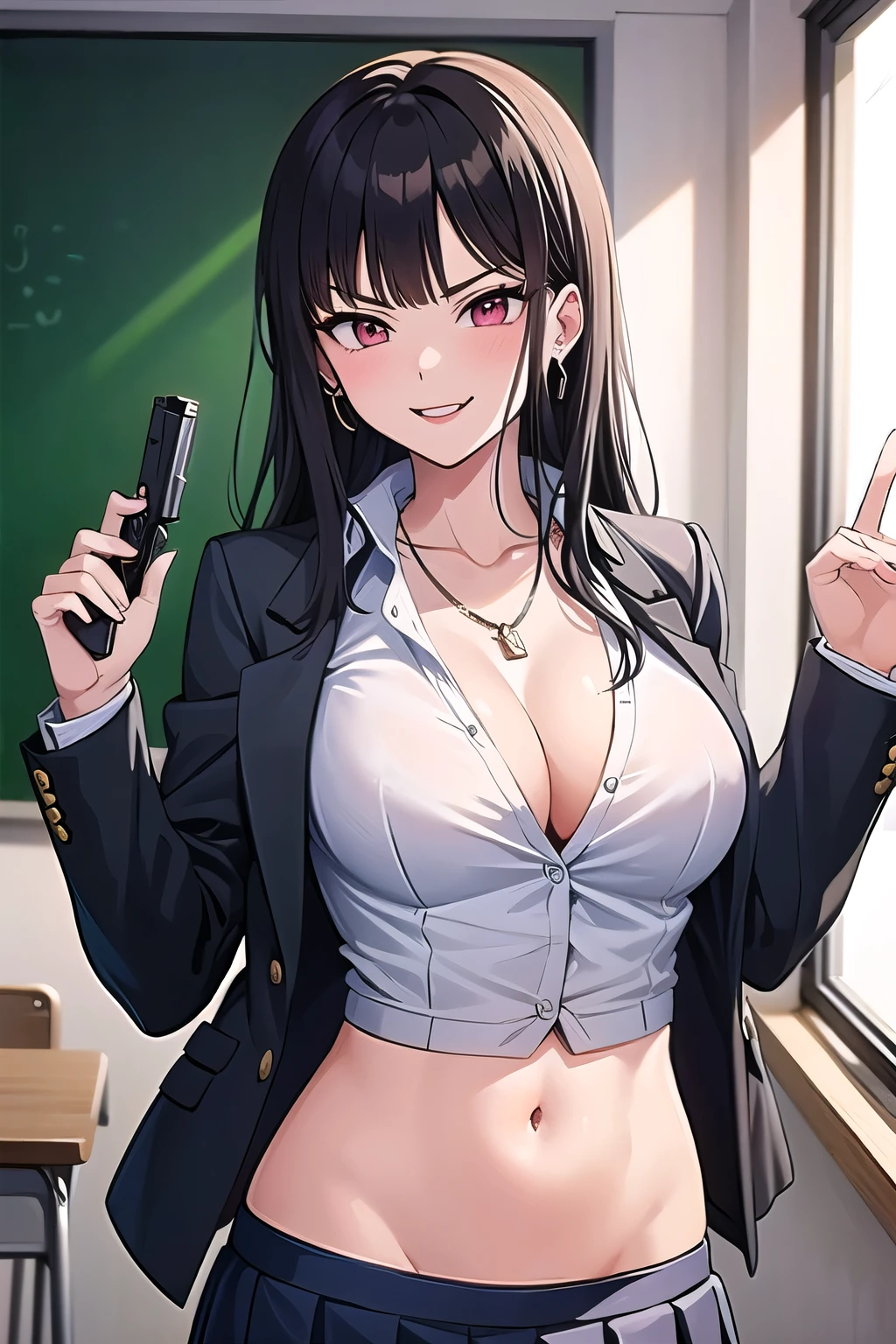 ryoshu, long hair, large breast, blush, lipstick, Hot girl, baddie, staring, glaring, bad attitude, mean girl, crazy, smoking, sensual, attractive, masterpiece, best quality, ((unbuttoned school uniform, cleavage, necklace, earrings, sexy body,
breasts)) , micro skirt, smiling, navel , exposed belly, exposed navel,school,
classroom , hold a gun,knot, holding pistol