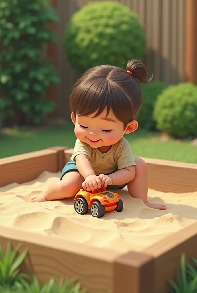 a Japanese child, playing with a yellow toy truck, on a beach, anime style, long brown hair, realistic young child