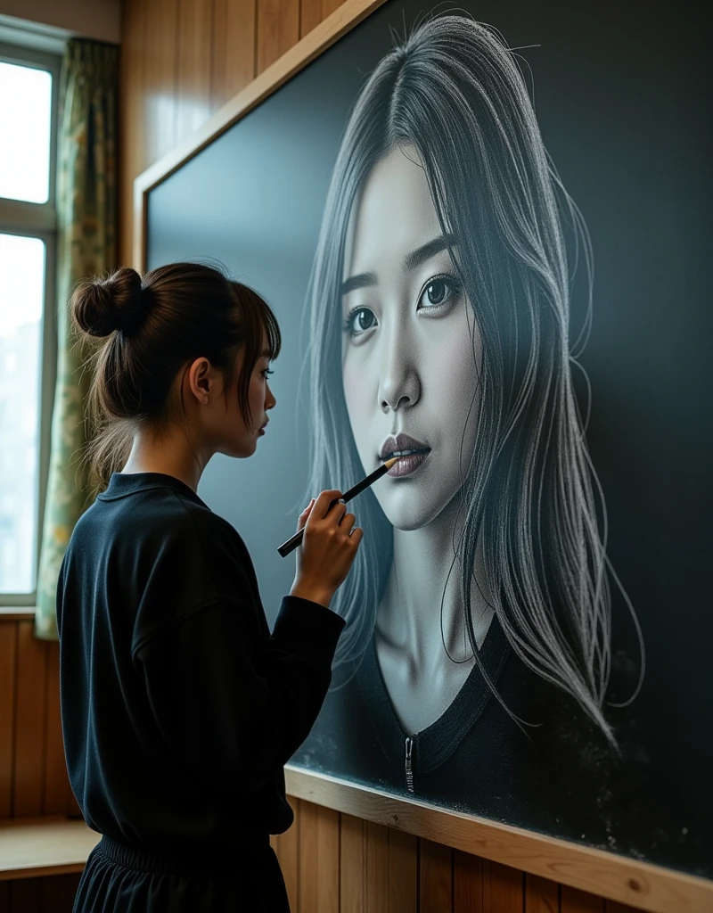 ultra-realistic, photorealistic, dramatic scene, shadow, global-illumination, solo, (20 years old Japanese famous idol girl:1.5), very beautiful fragile Japanese girl, very beautiful with very cute but boyish cool face, she is Japanese high school student, wearing Japanese high school sailor uniform, at high school classroom, She draws very realistic self-portraits on a large blackboard using only chalk, window with curtain, A magnificent work using the blackboard as a canvas