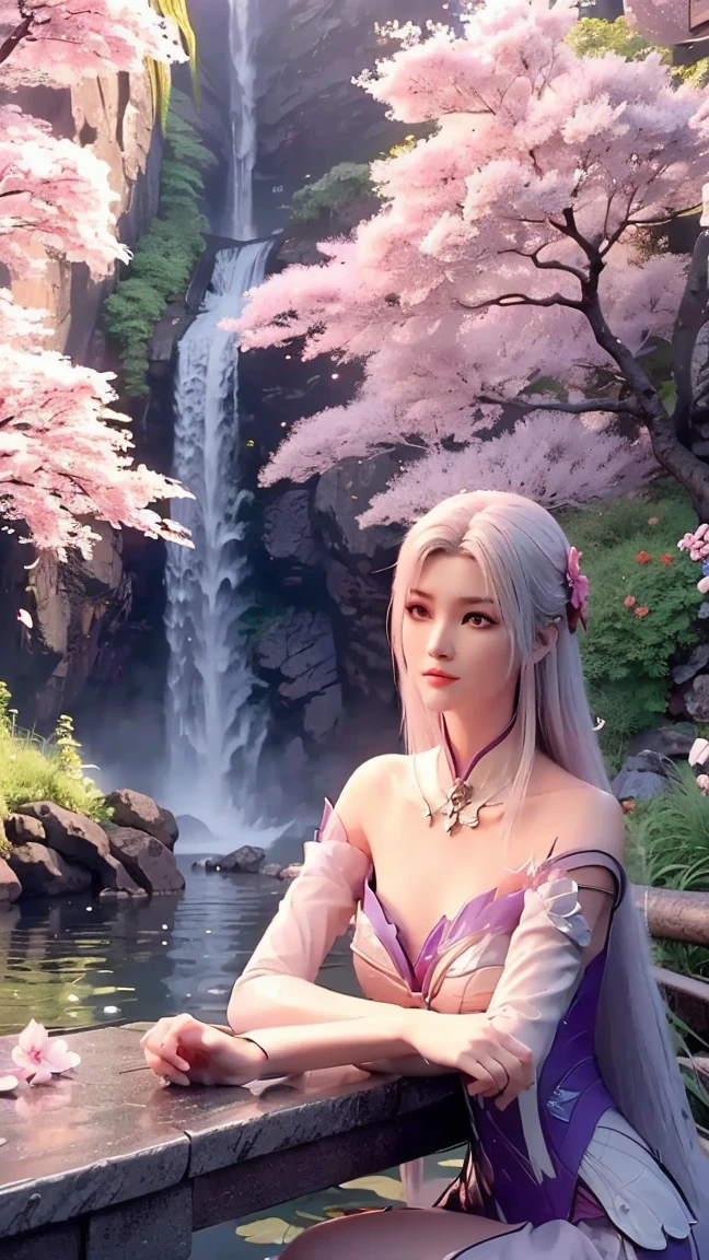 1girl, Solo, High Resolution, Closed Mouth, Brown Eyes, 8K Octane, Long Hair, White Hair, Sitting on table, Behind waterfall,Behind Pink Sakura tree and Falling leaves 