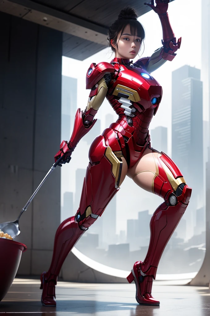 born, masterpiece, Ultra-fine photography,, 最 high quality,   super high resolution,  photorealistic, sunlight,  full body portrait ,  amazingly beautiful ,,  dynamic pose holding a ladle, delicate face, Bright eyes, ( side view) , Japanese actress Alice Hirose ,  She's wearing a futuristic Iron Man mecha suit,  detailed background ,   detail face  , Detailed busy background, Messy, nice, Milky,  high definition skin,  REALISTIC SKIN DETAILS ,  I can see my pores ,  sharp concentration,  volume fog ,  8K HD Streaming, DSLR,  high quality,  film grain,  white skin,  photorealism ,  Lomography , A vast metropolis in a futuristic dystopia ,  view from below , translucent,  anatomically correct, 