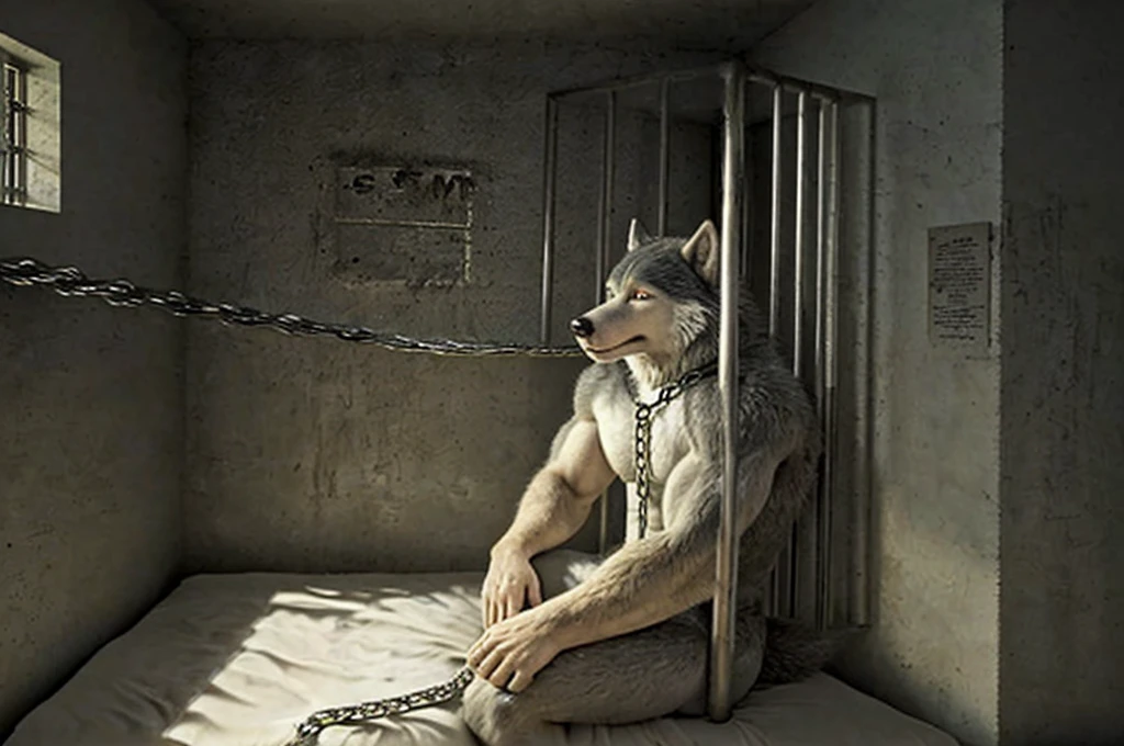 illustration of a male furry wolf, anthropomorphic gray wolf, sitting on a bed with a chain around his neck, sitting in a prison, in a prison cell, sitting in a dark prison cell, in prison, in a small prison cell, prisoner