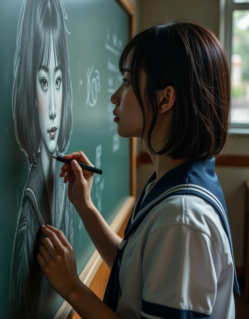 ultra-realistic, photorealistic, dramatic scene, shadow, global-illumination, solo, (20 years old Japanese famous idol girl:1.5), very beautiful fragile Japanese girl, very beautiful with very cute but boyish cool face, she is Japanese high school student, wearing Japanese high school sailor uniform, at high school classroom, She draws very realistic self-portraits on a large blackboard using only chalk