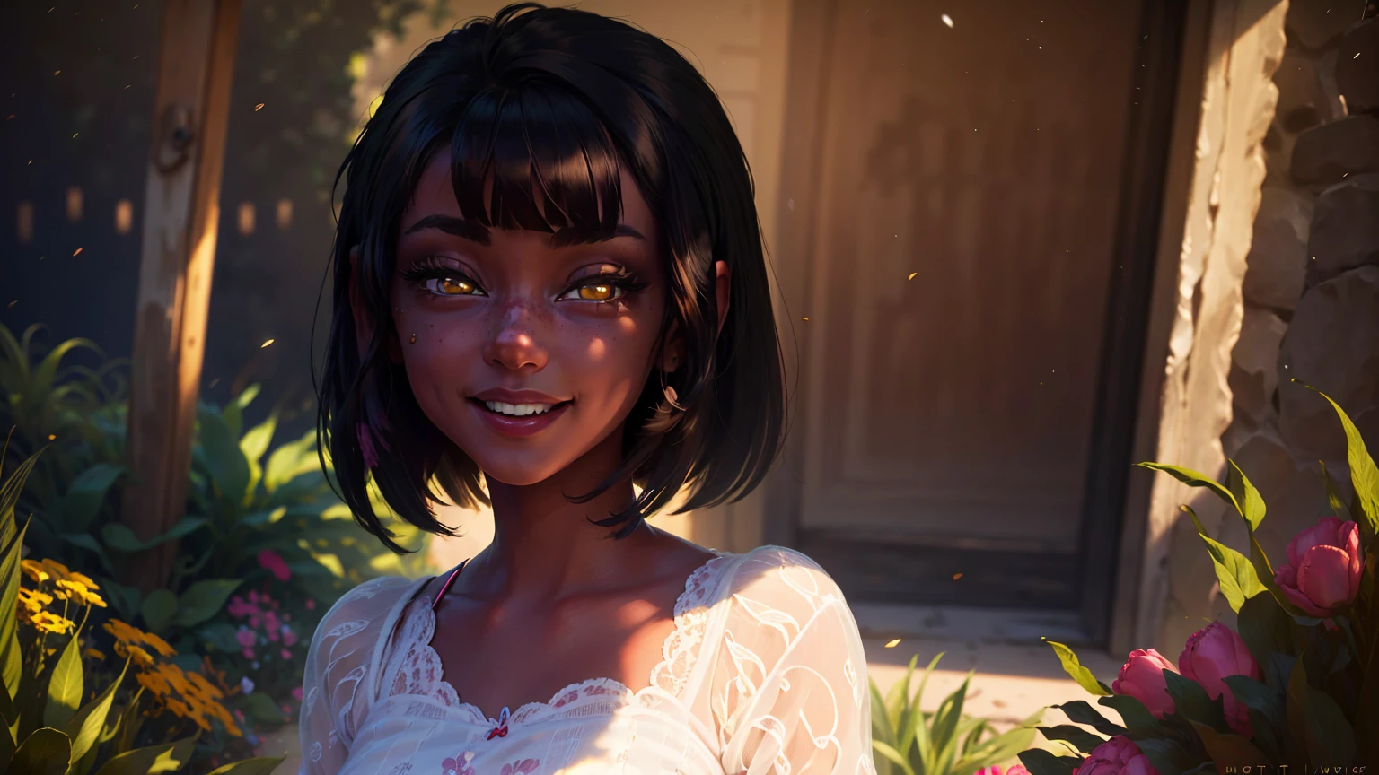 a cute happy girl,1girl,beautiful detailed eyes,beautiful detailed lips,extremely detailed eyes and face,longeyes,lashes,smiling,cheerful expression,petite,colorful floral dress,sunlight,outdoors garden,blooming flowers,lush greenery,intricate detailing,vibrant colors,soft lighting,photorealistic,8k,highres,masterpiece,cinematic lighting,digital art