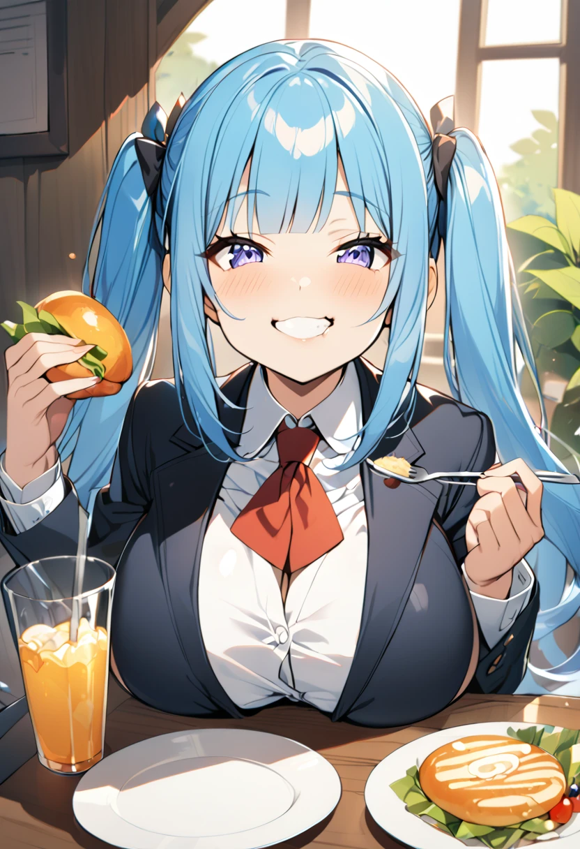 1 woman, 2 heads, blue hair, straight bangs, princess cut, twin tails, big boobs, suit, eating, big smile