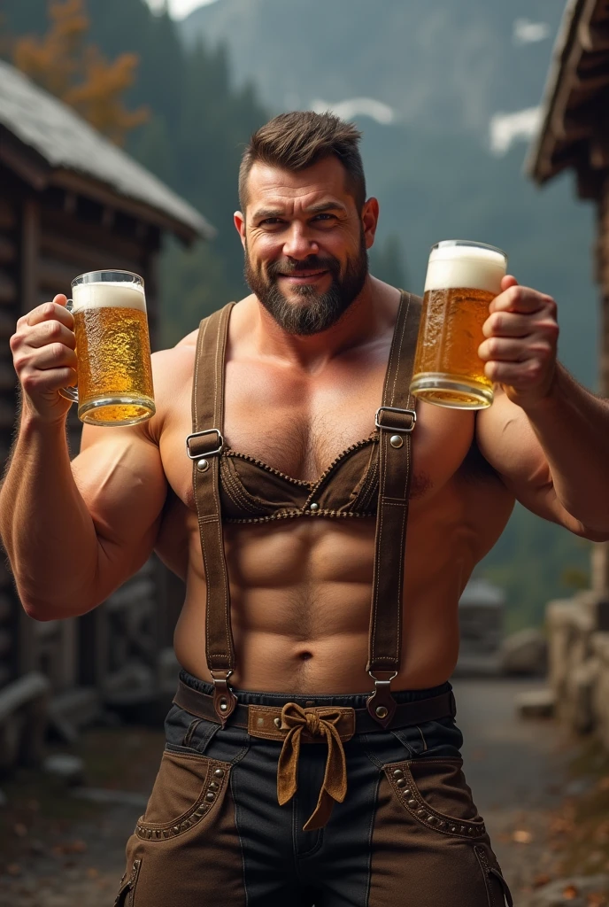Muscular man in lederhosen holding a bra And beer mug in hand - SeaArt AI