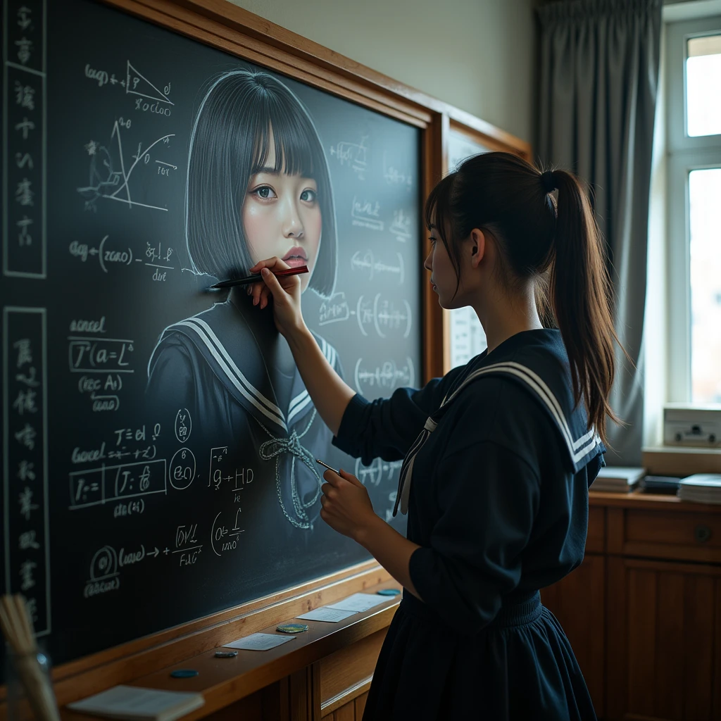 ultra-realistic, photorealistic, dramatic scene, shadow, global-illumination, solo, (20 years old Japanese famous idol girl:1.5), very beautiful fragile Japanese girl, very beautiful with very cute but boyish cool face, she is Japanese high school student, wearing Japanese high school sailor uniform, at high school classroom, She draws very realistic self-portraits on a large blackboard using only chalk, window with curtain, A magnificent work using the blackboard as a canvas, many difficult integral formulas for mathematics are on the blackboard, 