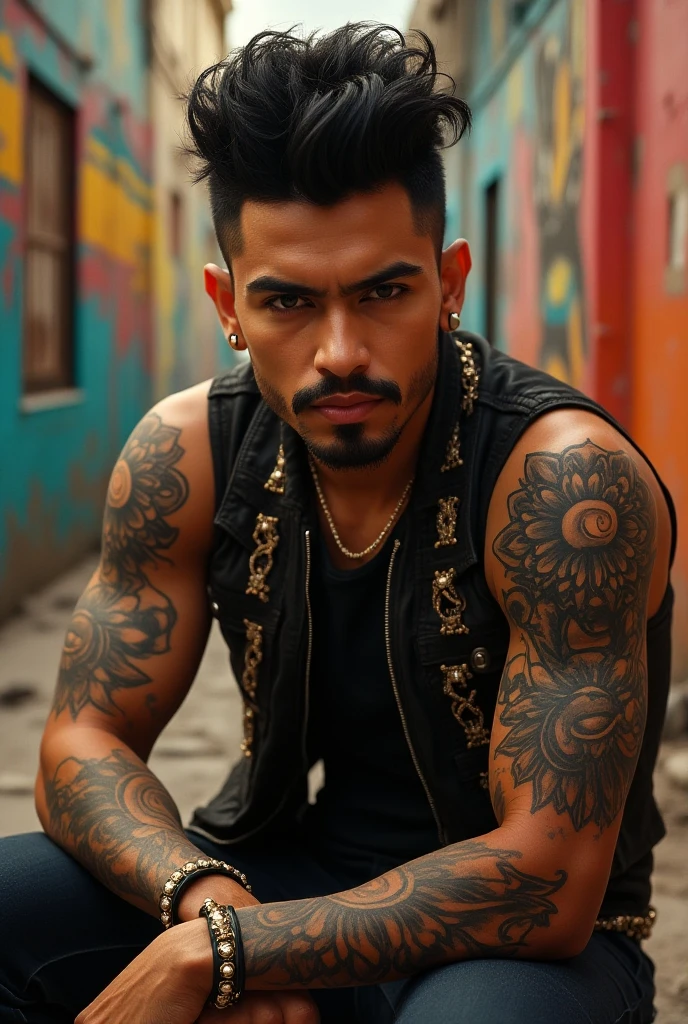 create a young man with medium, hawk haircut wearing a backwards cap, black tank top, brown boots, smoking a cigarette. the man must be indian with black eyes, and have tattoos spread across his body. wearing gold jewelry. by his side a harley davidson motorcycle and a bottle of beer