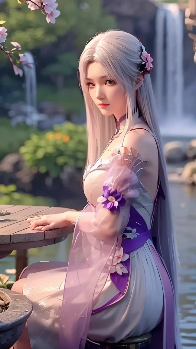 1girl, Solo, High Resolution, Closed Mouth, Brown Eyes, 8K Octane, Long Hair, White Hair, Sitting on table, Behind waterfall, Behind Pink Sakura tree and Falling leaves, Character Sheet Full-Length, 