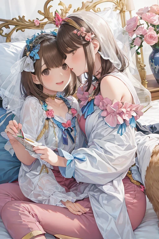 (light brown hair:1.2),(braided short hair:1.3),(hair tied up loosely:1.25),(big ribbon:1.3),(brown eyes:1.4),(Eye size:1.5),(sphere accessories:1.3),((feminine fashion:1.4)),(Background full of blooming flowers:1.5),(blush),(upward glance:1.3),(small breasts:1.4),((focus on face:1.5)),((look up:1.25)),(fashion color White、darkBlue、purple、pink:1.3),(smile:1.2),((Hug your breasts:1.5))