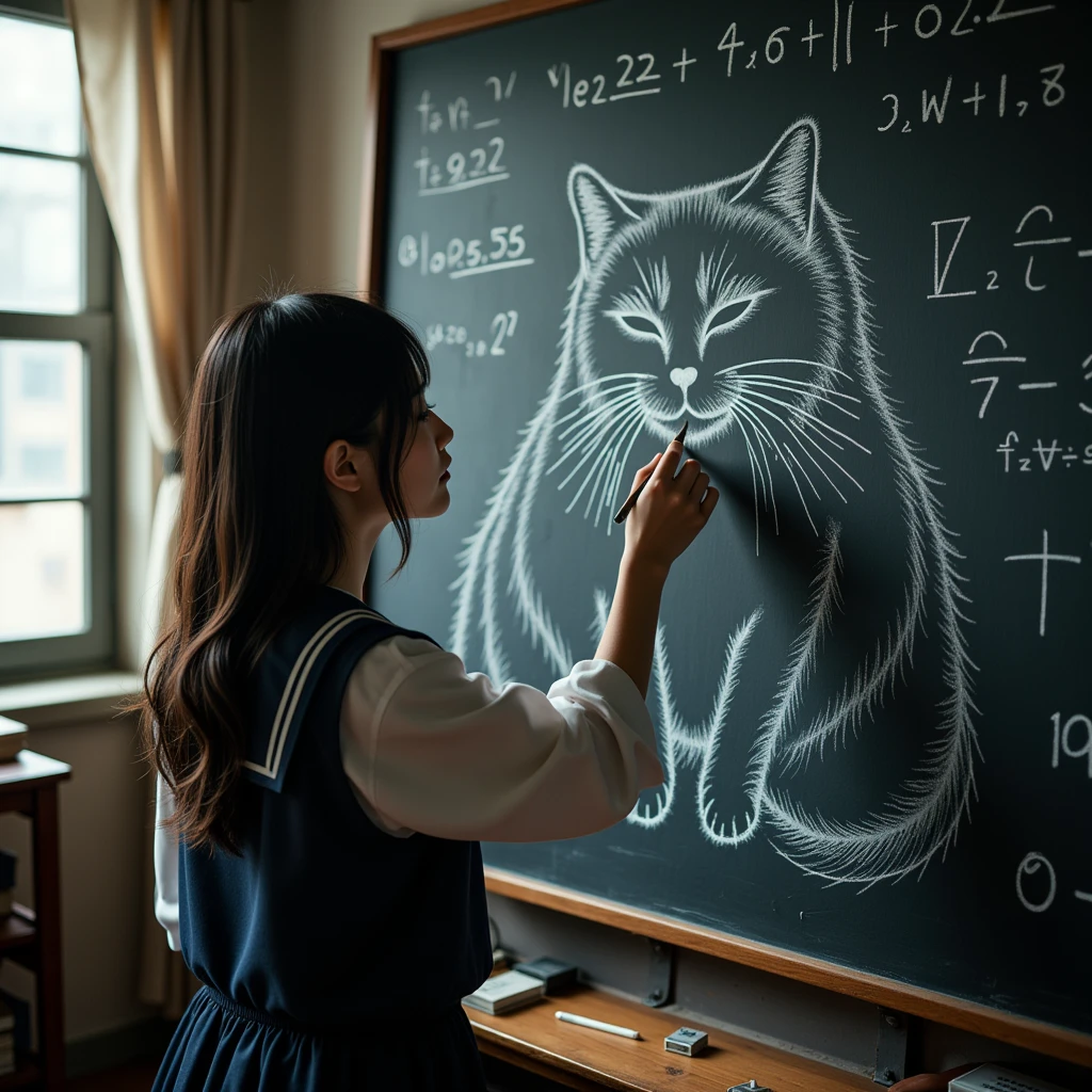 ultra-realistic, photorealistic, dramatic scene, shadow, global-illumination, solo, (20 years old Japanese famous idol girl:1.5), very beautiful fragile Japanese girl, very beautiful with very cute but boyish cool face, she is Japanese high school student, wearing Japanese high school sailor uniform, at high school classroom, She draws very realistic cat on a large blackboard using only chalk, window with curtain, A magnificent work using the blackboard as a canvas, many difficult integral formulas for mathematics are on the blackboard,