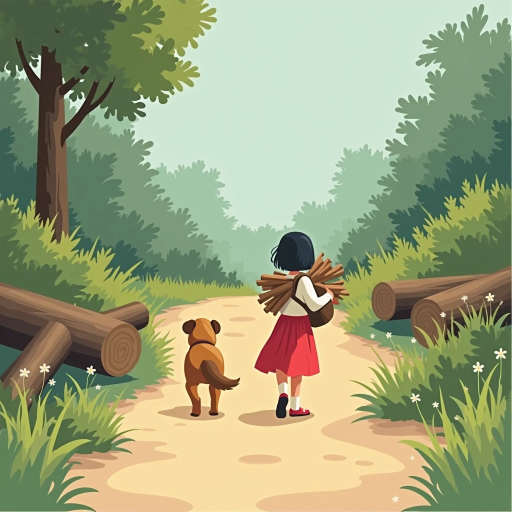 Create an illustration of a quiet forest edge scene with a young girl and her dog gathering firewood. The girl, dressed in a red skirt and white top, carries a bundle while the dog stands beside her. They walk along a dirt path with a few fallen logs and bushes around. The setting is minimalistic, with natural greens and small flowers, capturing a calm moment in a forested area.
