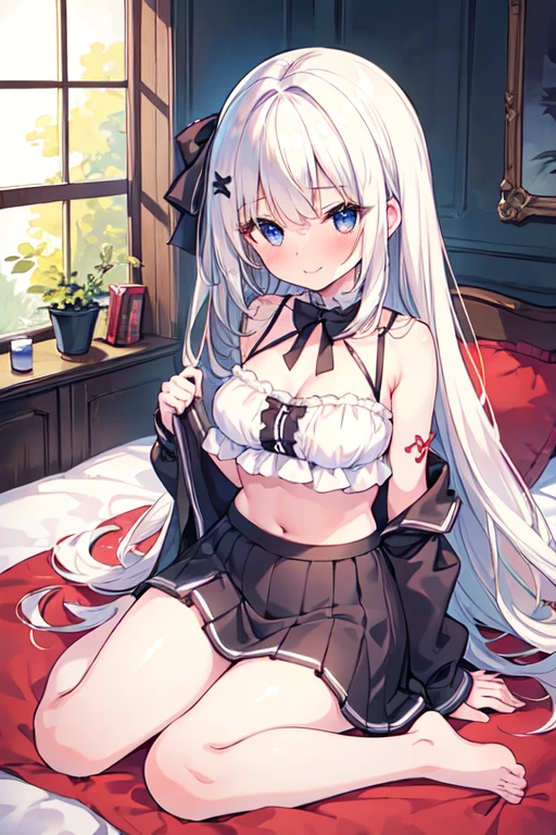 (best quality, masterpiece:1.2), ultra detailed, extremely detailed eyes and face, natural skin texture, detailed skin, natural lighting,
 chibi, 1 girl, 12-years-old, (cute),
 White hair, middle hair, straight hair, shiny hair, very long hair,
 Big black eyes,
 Medium breast, full body shot, smiling, embarrassed, sleeveless, cleavage, midriff, breast line, bellybutton, mini skirt, sitting on the beds, sexy pose