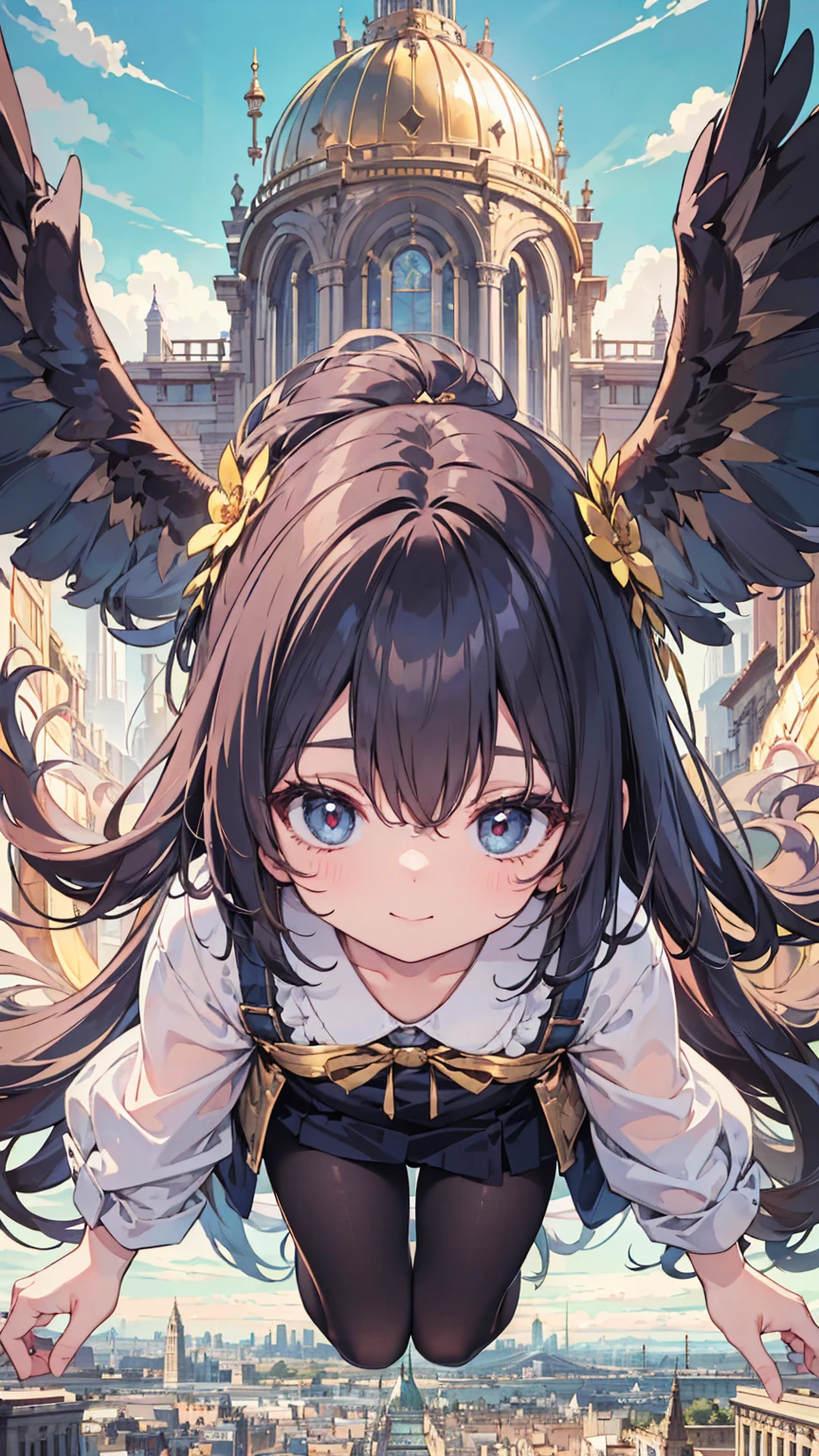 absurd, absolute resolution, incredibly absurd, super high quality, super detailed, official art, unity 8k wall, masterpiece
BREAK
One , innocent, small and young toddler, cute tiny baby body size , evil smile ,  (Super detailed),  ((flying under a beautiful golden city:1.3)),(1 person、:1.4)、cute face, (((shirt lift half show pusy)) ,long hair,