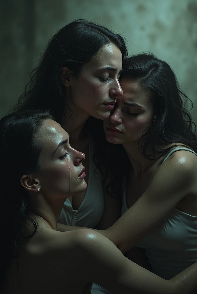 bodies of several naked and lifeless women piled on top of each other on the floor in a bloody corner,shadowy, mysterious