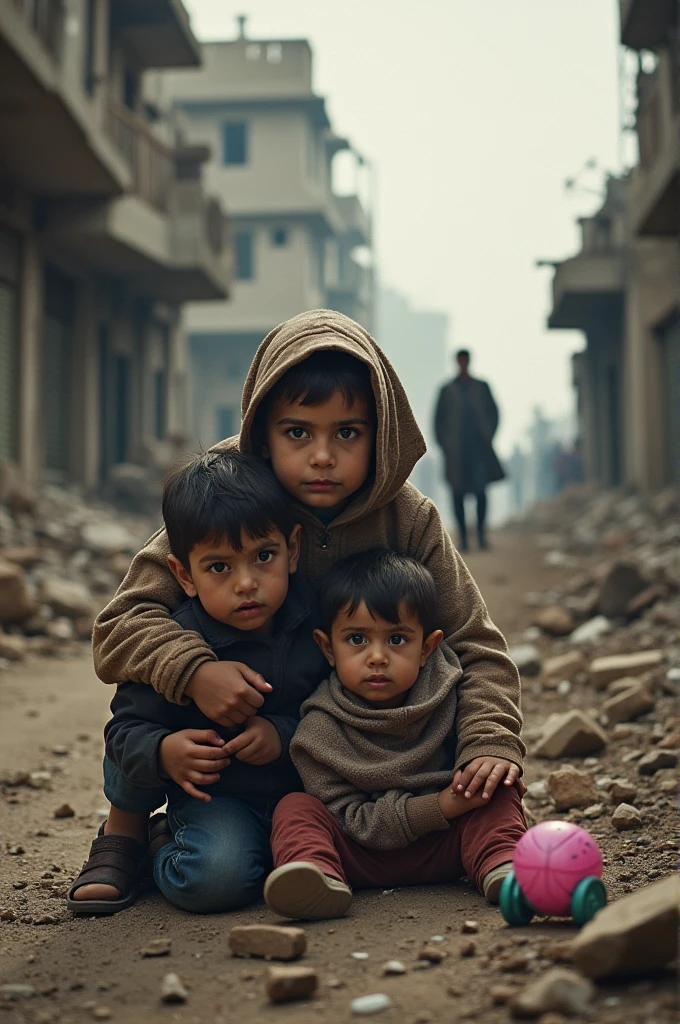 a wounded and sick children at war, children in tattered clothes, children with bandaged wounds, children huddled in fear, children crying, children holding onto each other, children in a destroyed city, rubble and debris around them, dust and smoke in the air, harsh lighting, gritty and somber atmosphere, muted color palette, high contrast, cinematic composition, emotional and impactful