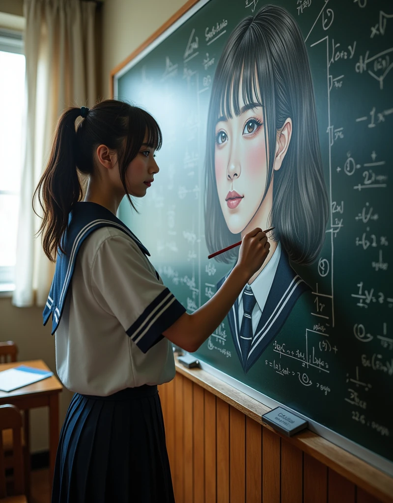 ultra-realistic, photorealistic, dramatic scene, shadow, global-illumination, solo, (20 years old Japanese famous idol girl:1.5), very beautiful fragile Japanese girl, very beautiful with very cute but boyish cool face, she is Japanese high school student, wearing Japanese high school sailor uniform, at high school classroom, She draws very realistic self-portraits on a large blackboard using only chalk, window with curtain, A magnificent work using the blackboard as a canvas, many difficult integral formulas for mathematics are on the blackboard, 