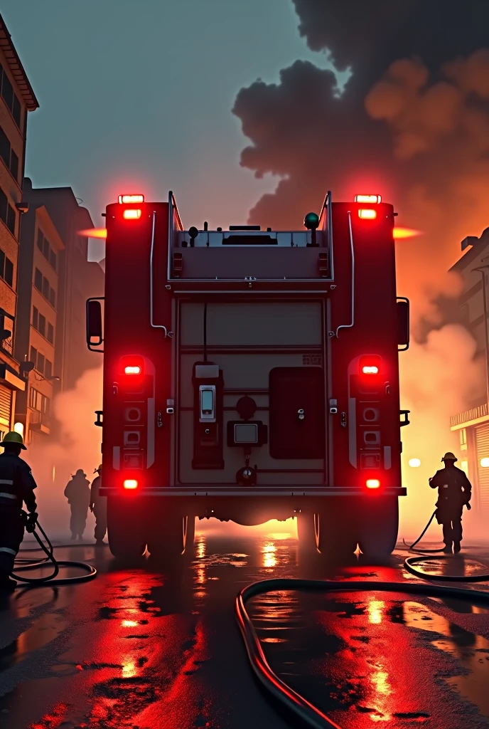 (best quality,highres,masterpiece:1.2),realistic,photorealistic:1.37,a detailed image of firefighters fighting a fire at a power plant,wearing protective clothing and equipment,smoke-filled scene,dramatic atmosphere,outdoor setting,crackling flames,bright orange and yellow colors,harsh lighting,thick smoke billowing,fire hoses spraying water,powerful jets of water,firefighters in action,uniforms with reflective stripes,hard hats,gloves,boots,fire extinguishers,flashlights,personal protective masks,fire trucks with flashing lights and sirens,ladder trucks,hydrants,powerful water pumps,safety protocols in place,team coordination,scenes of bravery and heroism