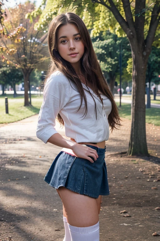 Gorgeous smiling 19 year old teenage girl, black slightly curly hair, large natural breasts, blue eyes, sitting on a park bench, wearing a skirt and purple shirt, spread legs without panties, very innocent look, full body view, different poses, distance to the viewer, (looking to the side), ((warm lighting)), HD video, 8 k resolution, very nice hourglass body shape
