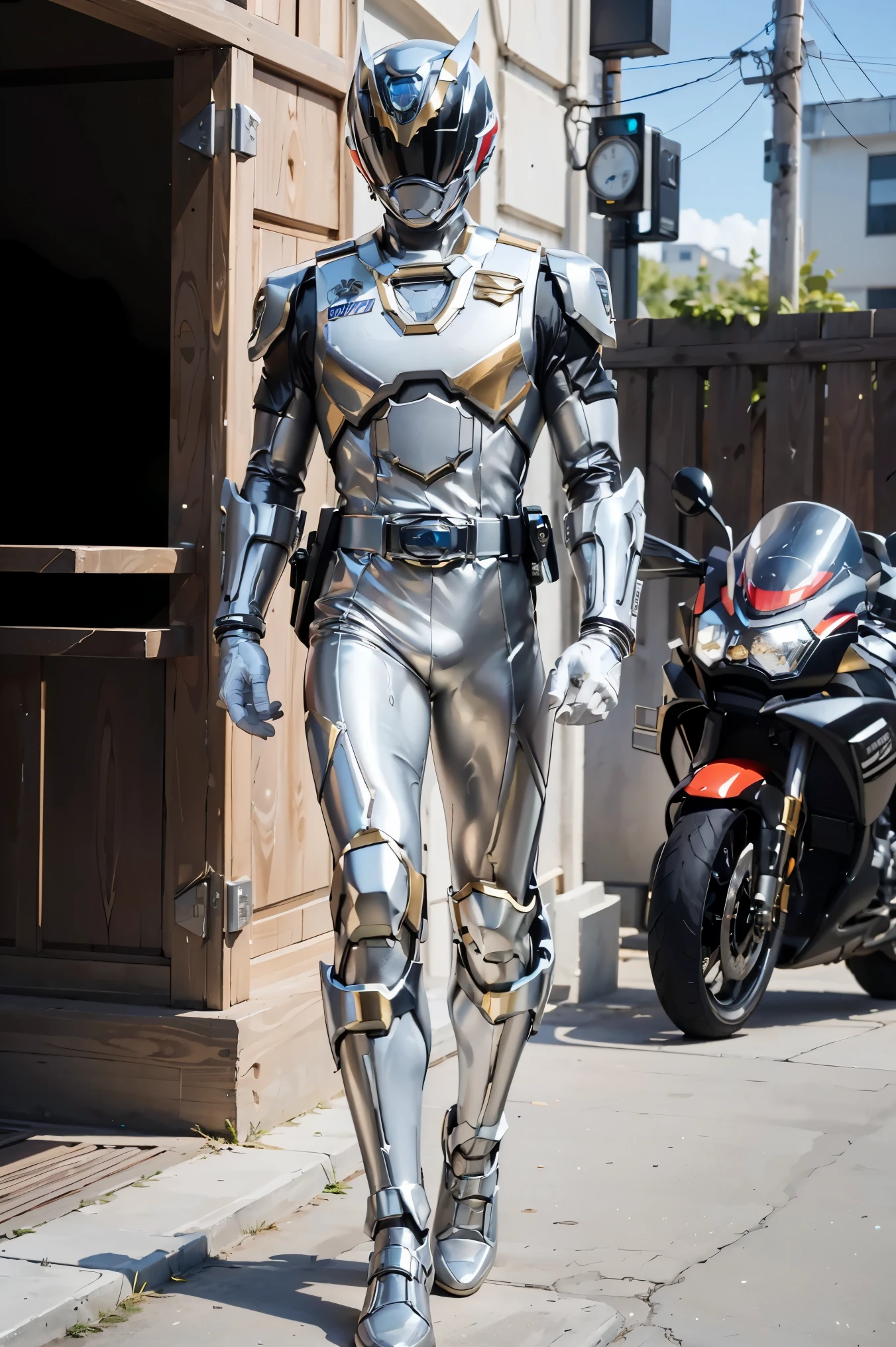 1boy, full body, Illustration, cinematic light, high resolution, best quality, ultra-detailed, masterpiece, power suit, powerranger, suit, spd, (Silver and Gold chest plate), white and gold detail, (((white suit))), ((police theme:1.2))