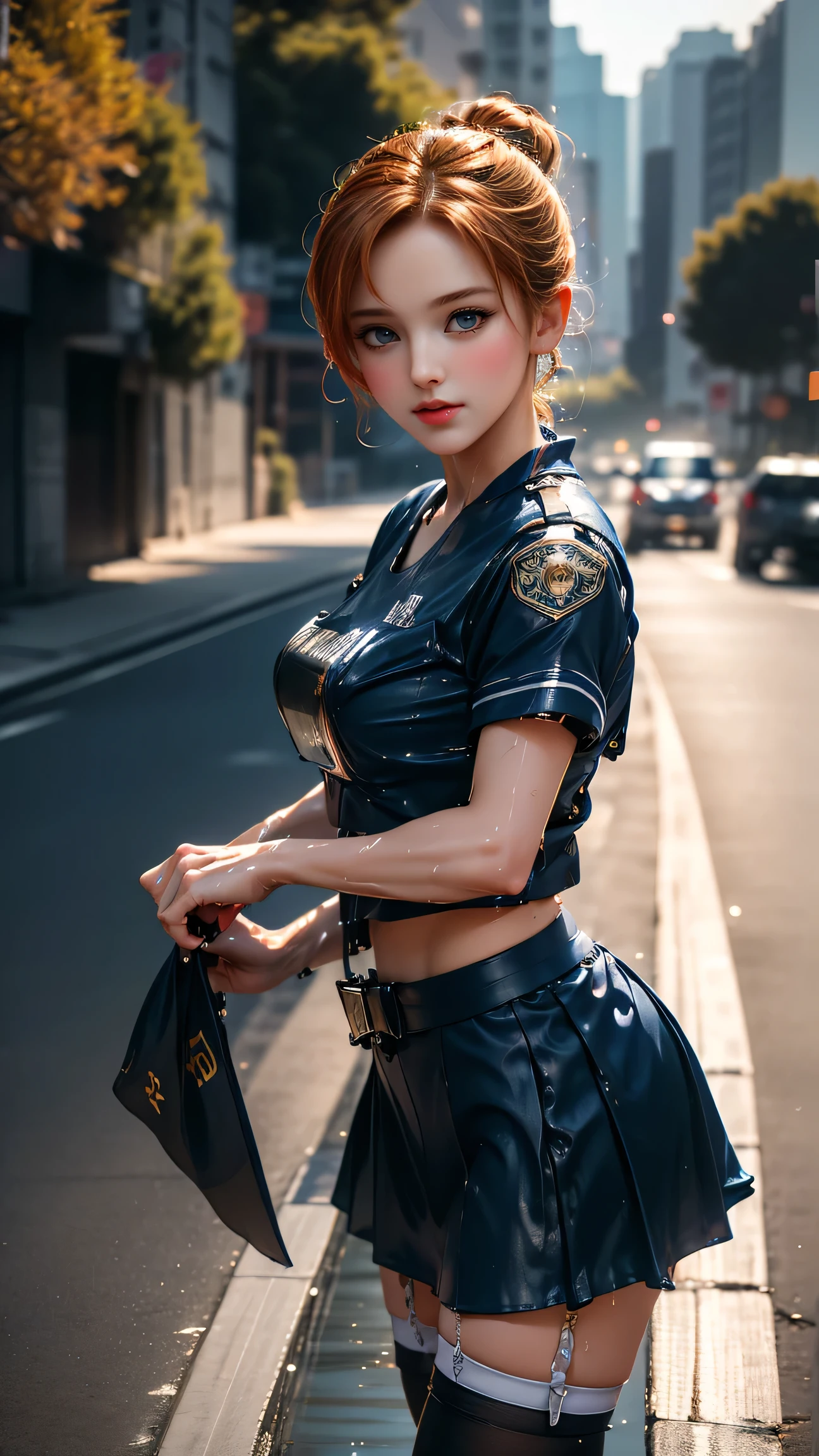 (( girl riding a street bike in New York ))、Best Quality Works、Actual Work、 Ultra Premium Graphics 、( side angle ), ((Biking on the road )),8K HD CG Works、 High Quality Graphics 、High-definition CG works、10x pixels、 very fine detail：1.1、Advanced Technical Details：1. 1 Photorealistic 、Natural Light：1.5、（Golden white short hair）、（Bob Hair）、Thin eyebrows、high nose、Beautiful red lips、Rose Cheeks 、Subtle makeup face、 cute face、Perfectly balanced face、 Bright-toned foundation enhances the transparency of the skin、 (( female cop :1.5)),(( wet light blue short sleeve dress shirt )),(( Navy Blue Tight Skirts )). 40k, photograph, On the table, Best Quality, Rain Background, (( 1 girl with bright hair with beautiful eyes ,  white skin, Mr.々A pose.((Medium sized chest,:1.1)), Best Quality, ((Biking on the road )),  super high resolution, ( real:1.4), RAW photograph, (Perfect figure), (slim:1. 3), Slim abdomen,  perfect slim figure ,  dynamic pose holding a ladle, one person, Cold light 12000K,  Very detailed face and skin texture, fine grain,  Realistic eyes, 美しいFine grain, ( Real skin), charm,  super high resolution,  Surreal,  very detailed, ( Black stockings )、( She's wet ),(( racing motorcycle )),