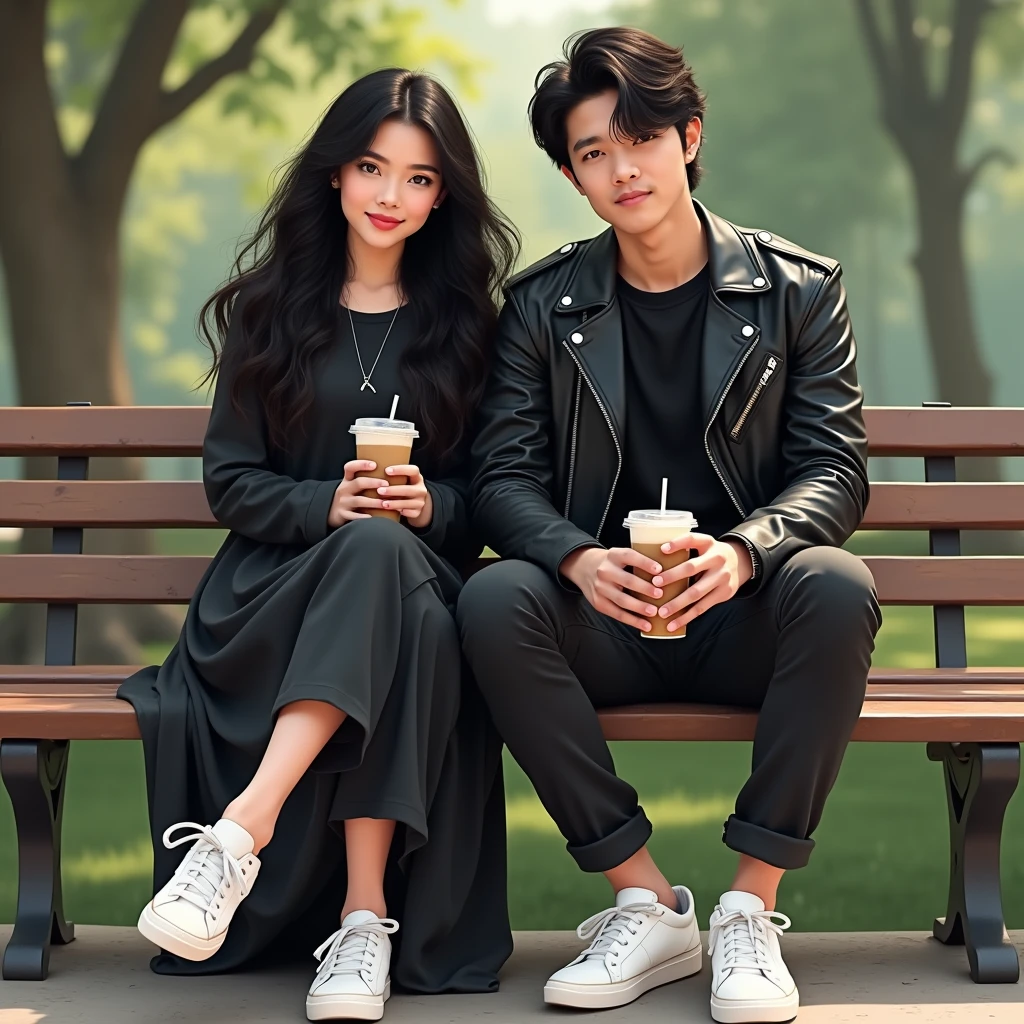 A pair of young Indonesian men and women, bright black hair, wearing a black t-shirt and white leather jacket. long cargo pants,pose,looking at the camera, white sneakers, sitting on a bench in a city park. I'm drinking iced boba cappuccino.Realistic original photo Realism,