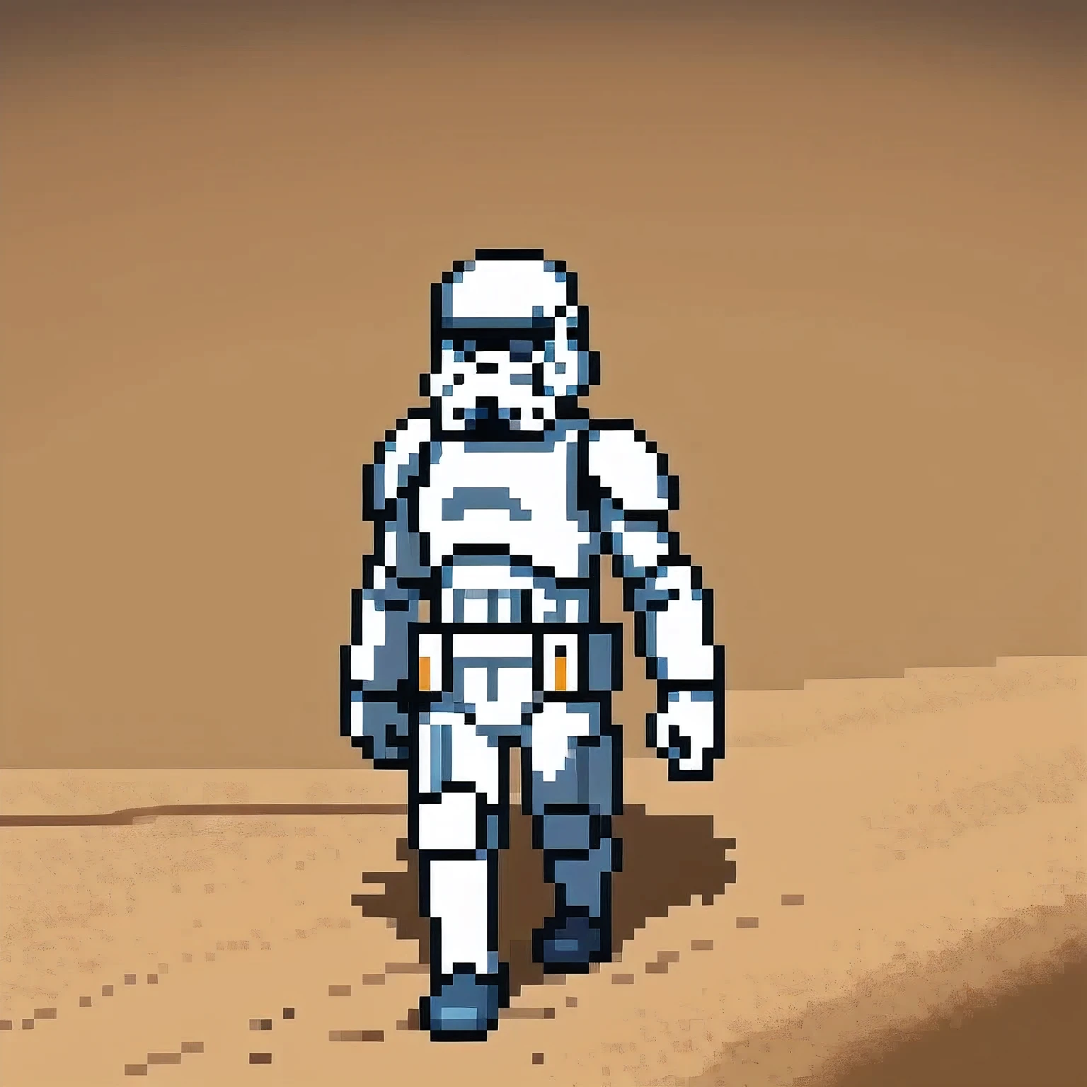 Miniature photograph of a Stormtrooper with Star Wars weapon walking through the desert leaving footprints in the sand cinematic dramatic lighting, blurred desert background.