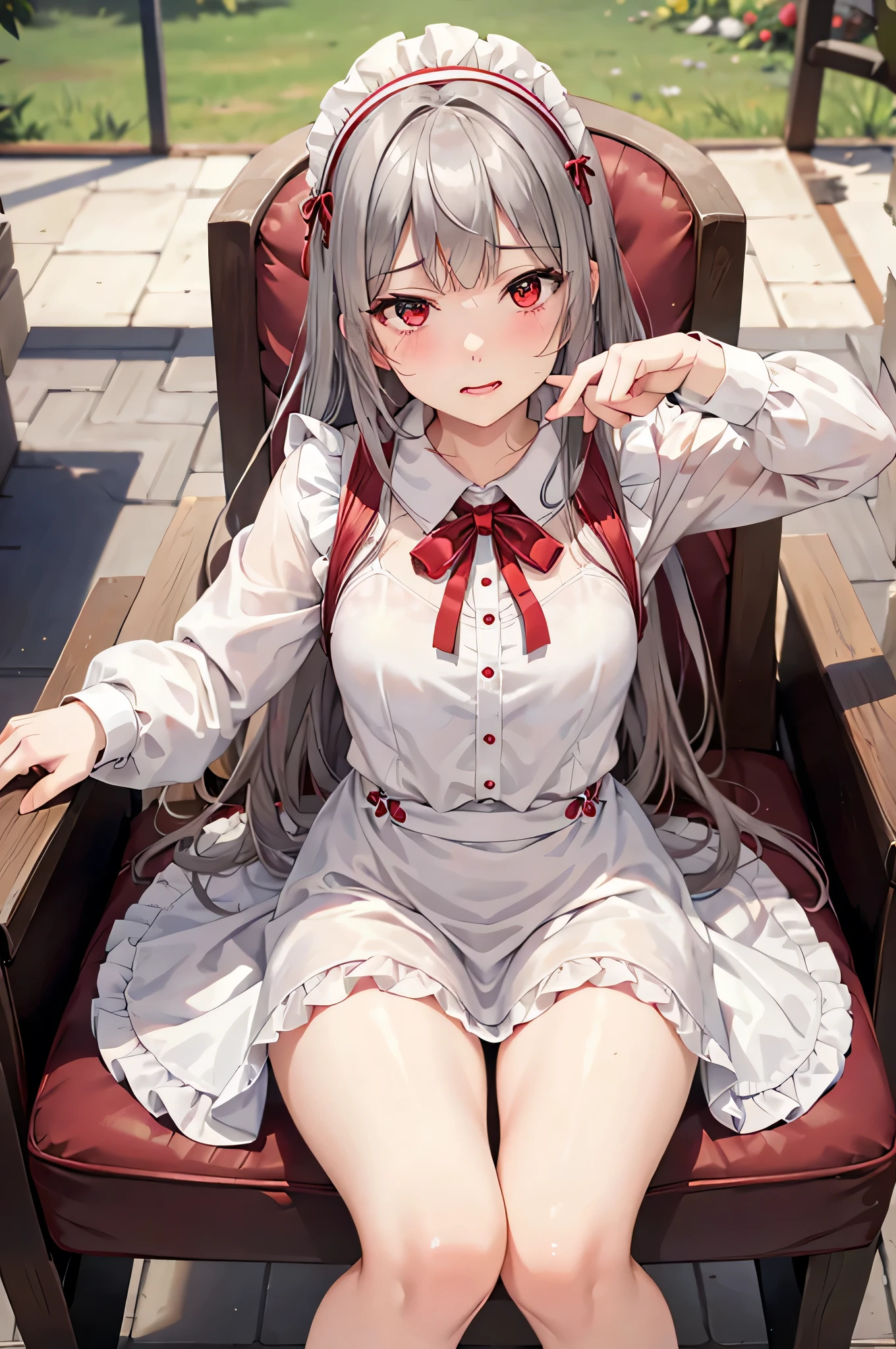  adult woman laughing, Alone,  sexy,8K resolution,((Best Quality)), super high resolution, (Sad face), (Red eyes),  Beautiful Symmetrical Face , ( silvery long hair), maid clothes, Miniskirt,Maid Cufflinks,Realistic:1.4,Realistic:1.4,(masterpiece:1.2), perfect eyes,Perfect Eyes, Anatomically Correct Human Body ,Perfect waist,Perfect thighs,(Open your mouth:0.8), sitting with legs open , panties, sit on chairs,(tongue:0.8),saliva,Sigh,Disarray