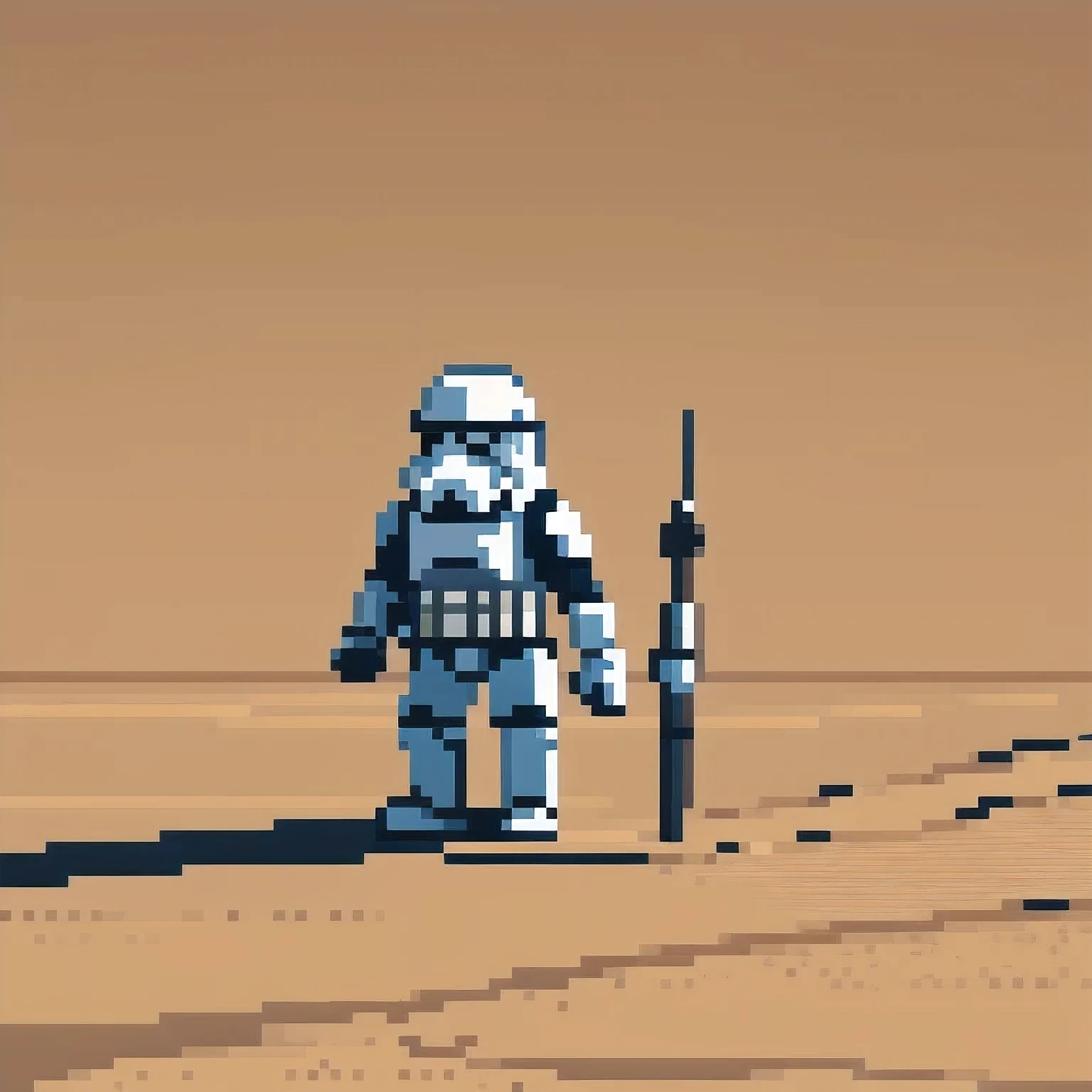 Miniature photograph of a Stormtrooper with Star Wars weapon walking through the desert leaving footprints in the sand cinematic dramatic lighting, blurred desert background.