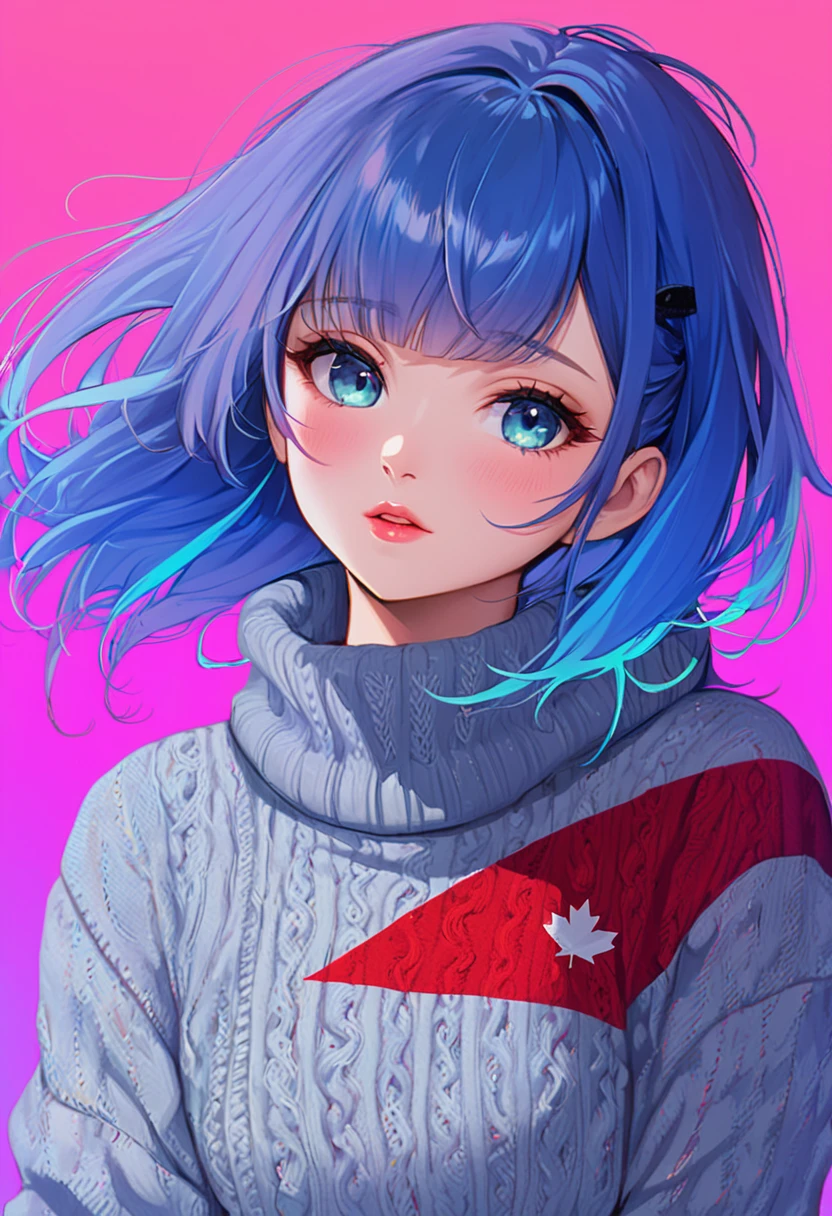 illustrator, anime , realistic ,sketch , 1 girl, ,lip, sweater,order, Blue gradient background, neon hair,Textured trim, Canadian, (masterpiece,Best quality) ganyou