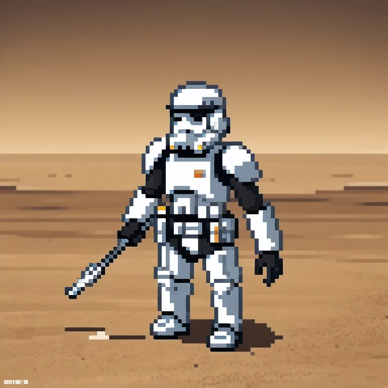 Miniature photograph of a Stormtrooper with Star Wars weapon walking through the desert leaving footprints in the sand cinematic dramatic lighting, blurred desert background.