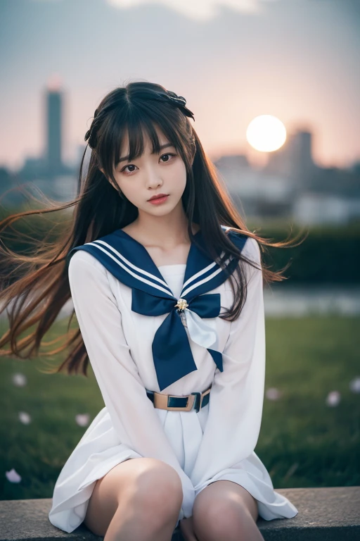 masterpiece, Best Quality, 8K, 1 girl, (18 years old), Teen ager, Raw photo, smile, Solo, (A super cute idol-like face:1.4), Delicate girl, Black hair, middle bob hair, straight hair, bangs, Looking at Viewer, Candid, Sophisticated, Professional Lighting, Film grain,  whole body, beautiful figure, The background is a field of yellow rape blossoms and rows of cherry blossom trees,  (White shirt, sailor school uniform, navy pleated skirt:1.2), tiny chest, Cherry Blossom, Sitting on the bench, 