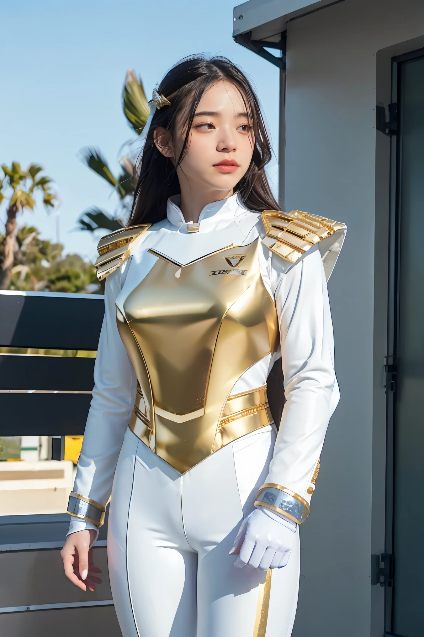 ((masterpiece, best quality, extremely detailed), volumetric lighting, ambient occlusion, colorful, glowing), 
1girl, solo, young girl, (dark hair), long hair, halo, aura, sacred, goddess, cleric suit, (white outfit with gold detailst:1.3), armor,
outdoors, sunset, sky, clouds, space, (fantasy theme:1.2),ม 1girl, full body, Illustration, cinematic light, high resolution, best quality, ultra-detailed, masterpiece, power suit, powerranger, suit, spd, (Silver and Gold chest plate), white and gold detail, (((white suit))), ((police theme:1.2))
