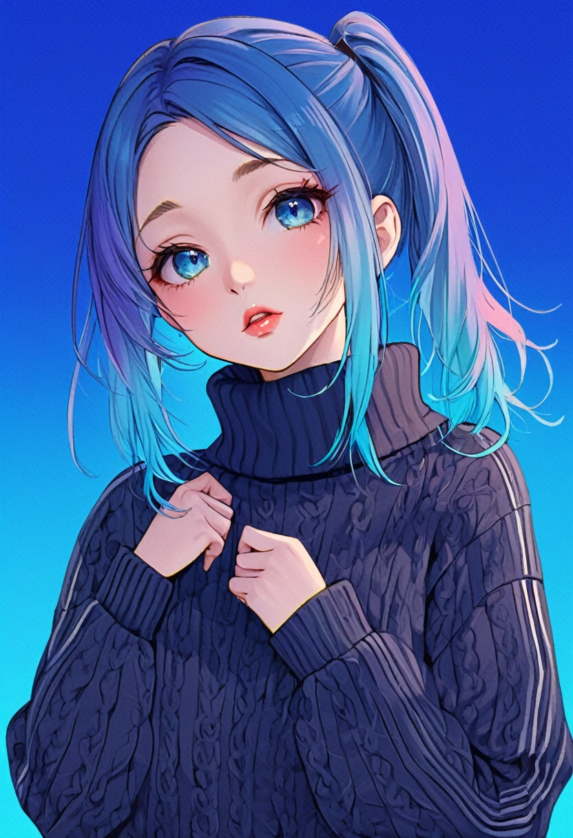 illustrator, anime , realistic ,sketch , 1 girl, ,lip, sweater,order, Blue gradient background, neon hair,Textured trim, Canadian, (masterpiece,Best quality) ganyou