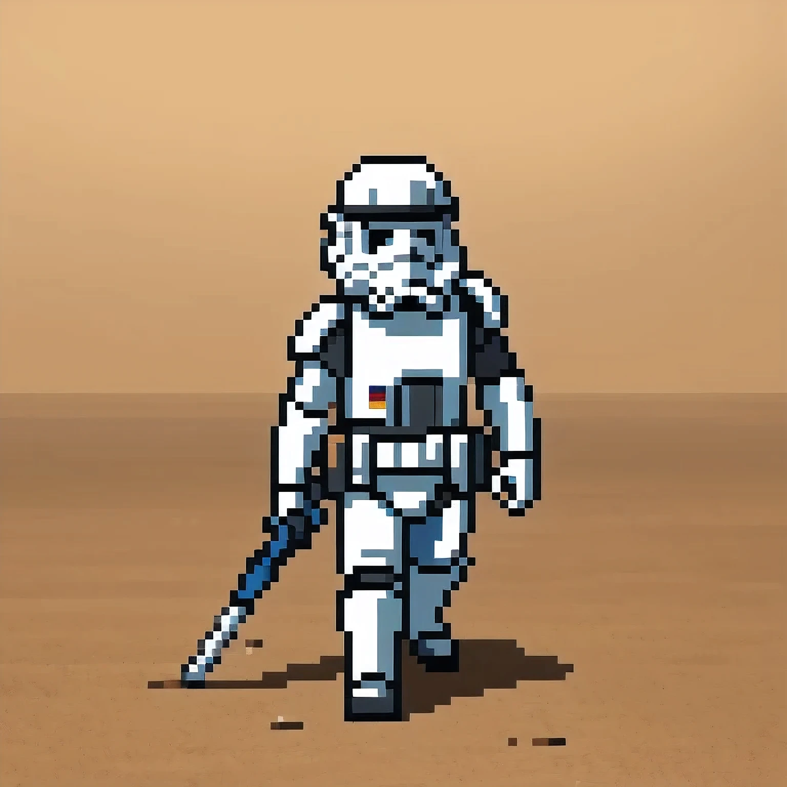 Miniature photograph of a Stormtrooper with Star Wars weapon walking through the desert leaving footprints in the sand cinematic dramatic lighting, blurred desert background.