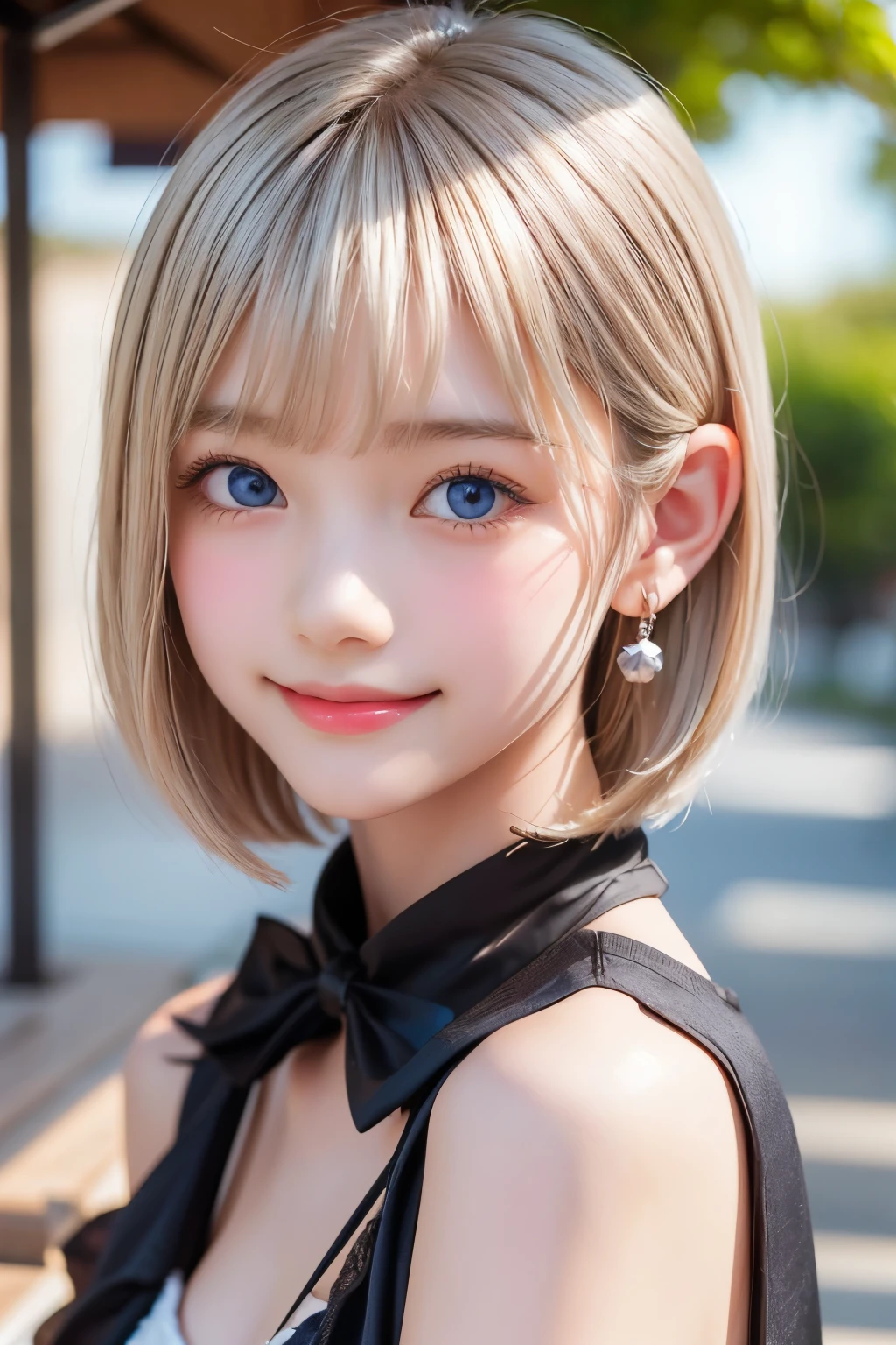 detailed face, cute face, master piece , best quality , woman , bowler hat , bangs , smile , outdoor, Shiny platinum blonde silky super short hair, side locks, beautiful shiny bangs, big clear sky blue eyes, very beautiful light eye highlights, earrings