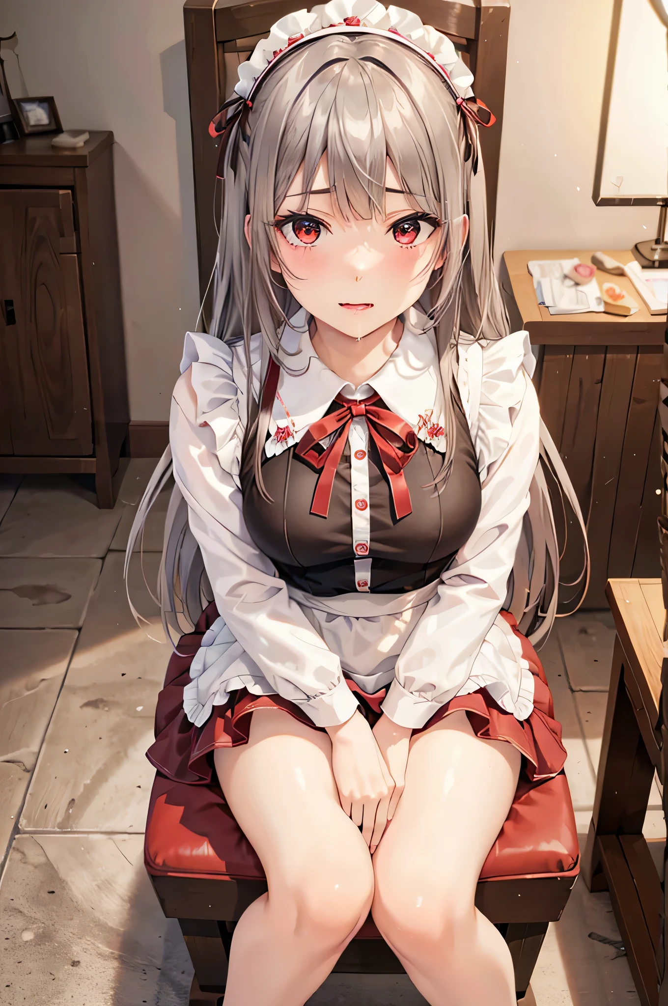  adult woman laughing, Alone,  sexy,8K resolution,((Best Quality)), super high resolution, (Sad face), (Red eyes),  Beautiful Symmetrical Face , ( silvery long hair), maid clothes, Miniskirt,Maid Cufflinks,Realistic:1.4,Realistic:1.4,(masterpiece:1.2), perfect eyes,Perfect Eyes, Anatomically Correct Human Body ,Perfect waist,Perfect thighs,(Open your mouth:0.8), sitting with legs open , panties, sit on chairs,(tongue:0.8),saliva,Sigh,Disarray