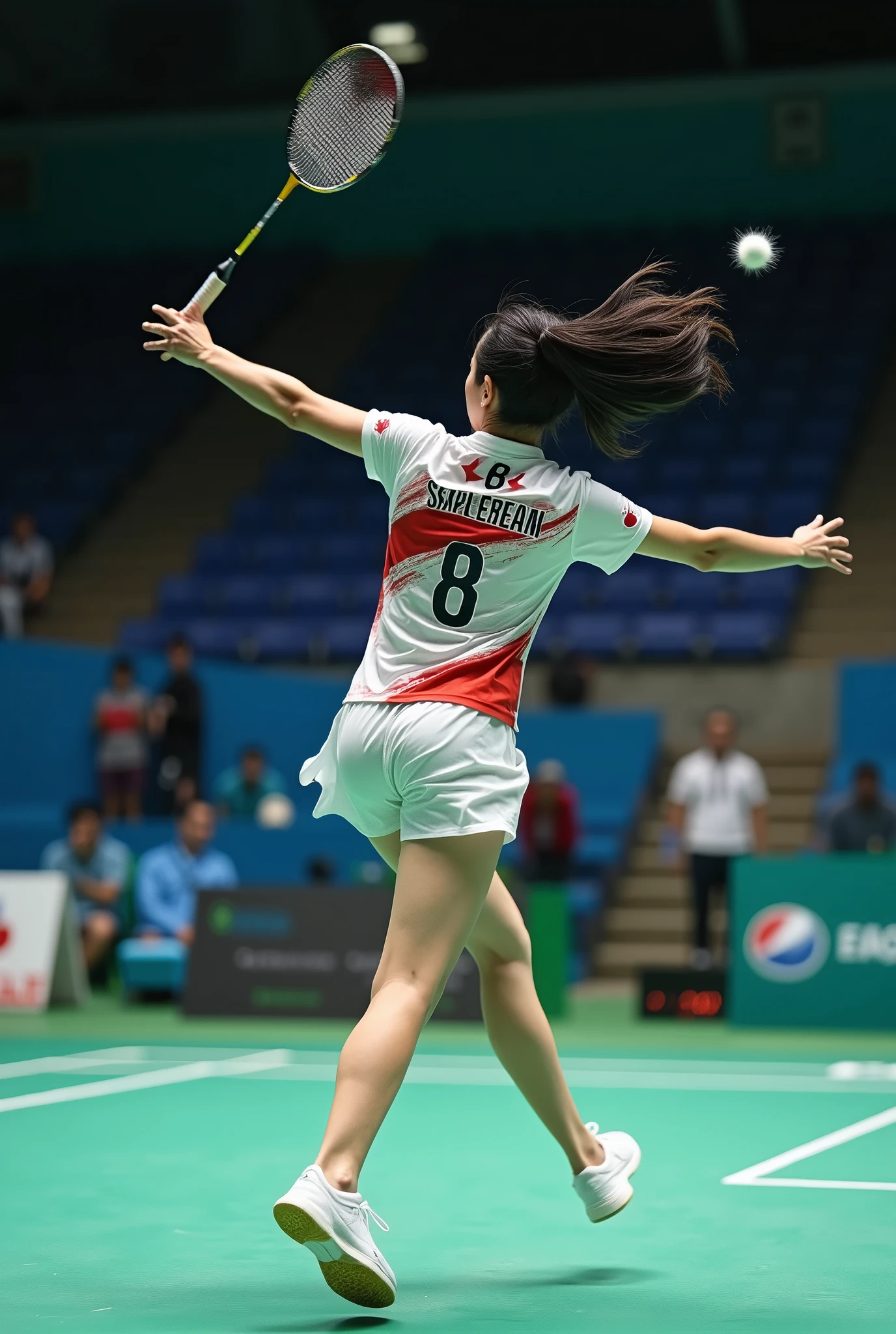 live-action、 real、Badminton player 、 very beautiful Japanese woman 、Black Hair、 shortcuts、 Japanese badminton team uniform、badminton racket、Jumping Smash、 Dynamic Poses 、Rear view、Shooting from below