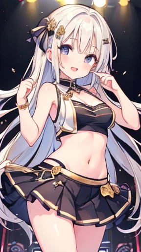 (girl:1.2), (1 person:1.2),(10歳のgirl)、若いgirl、big breasts、 nffsw、shader、highly detailed eyes、long straight hair、underboob、side ilver hair、silky hair、ultra-intricate pupil in eyes、highest quality、bright colors、Bust 100、Repose、Standing picture of the game、Stirring composition、Composition looking up from below、Lift your with your hands、Pose that emphasizes the chest、fold your arms、grinning expression、eyes half closed、open your mouth、Wicked face、Bullish smile、fold your hands behind your back、Hide your hands、evil smile、whole body、beautiful