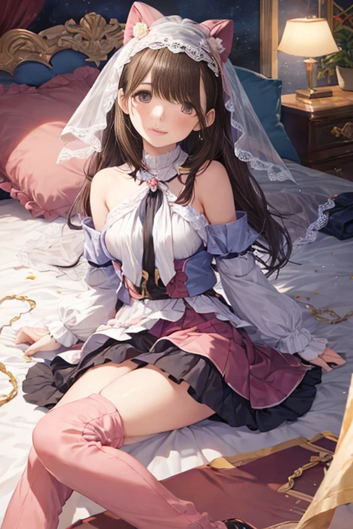 tmasterpiece，Best quality at best，kinomoto_sakura，Girly style，laced dress，pastel colour，Estampados florales，high waist skirt，ballet flats，Exquisite accessories，Cafe，inside in room，high tea，desks，a young beautiful girl，greene eyes，with short brown hair，ultra - detailed，offcial art，Unity 8k壁纸，（FashionMagCover：1.3），White stockings